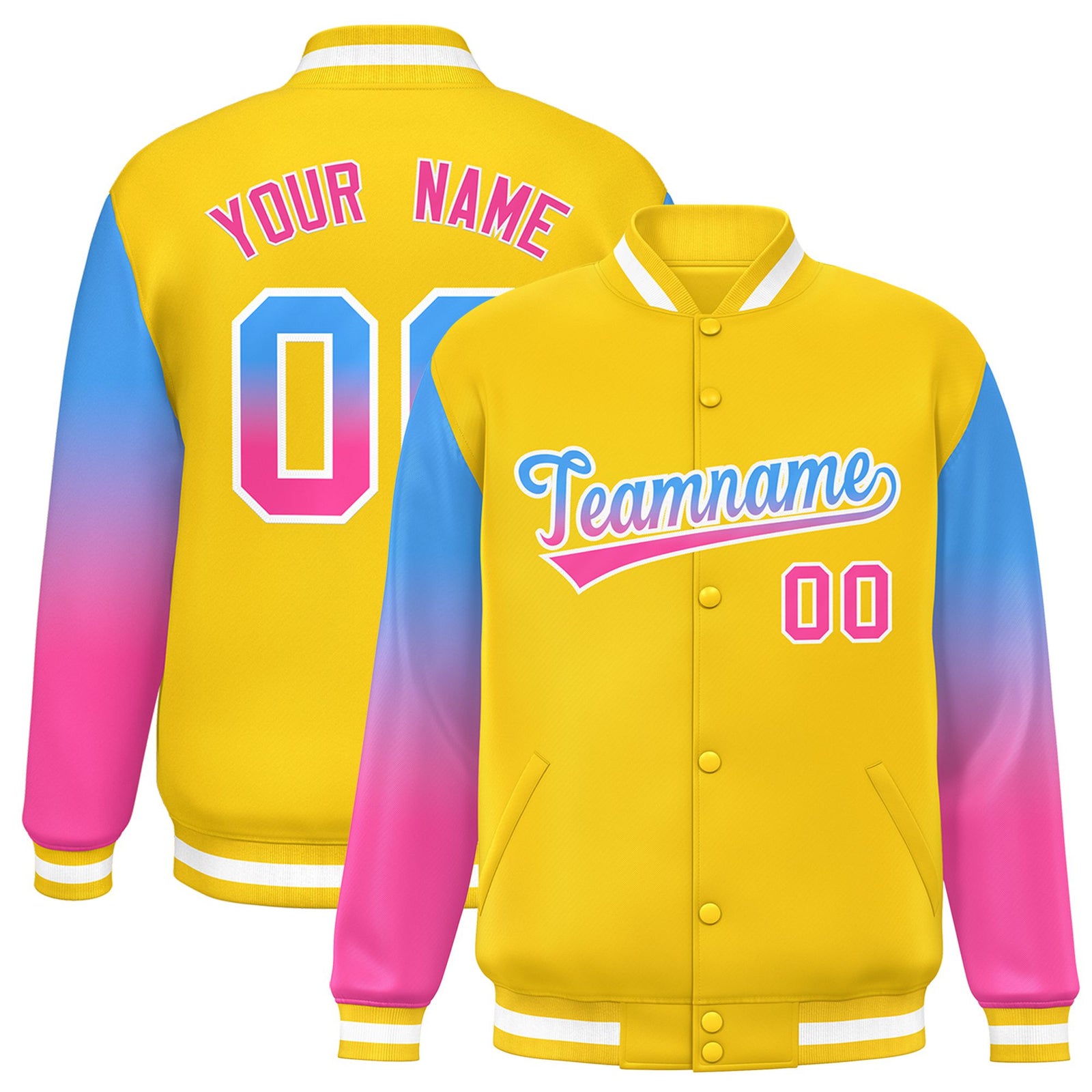 Custom Gold Powder Blue-Pink Varsity Full-Snap Sleeve Gradient Fashion Letterman Baseball Jacket