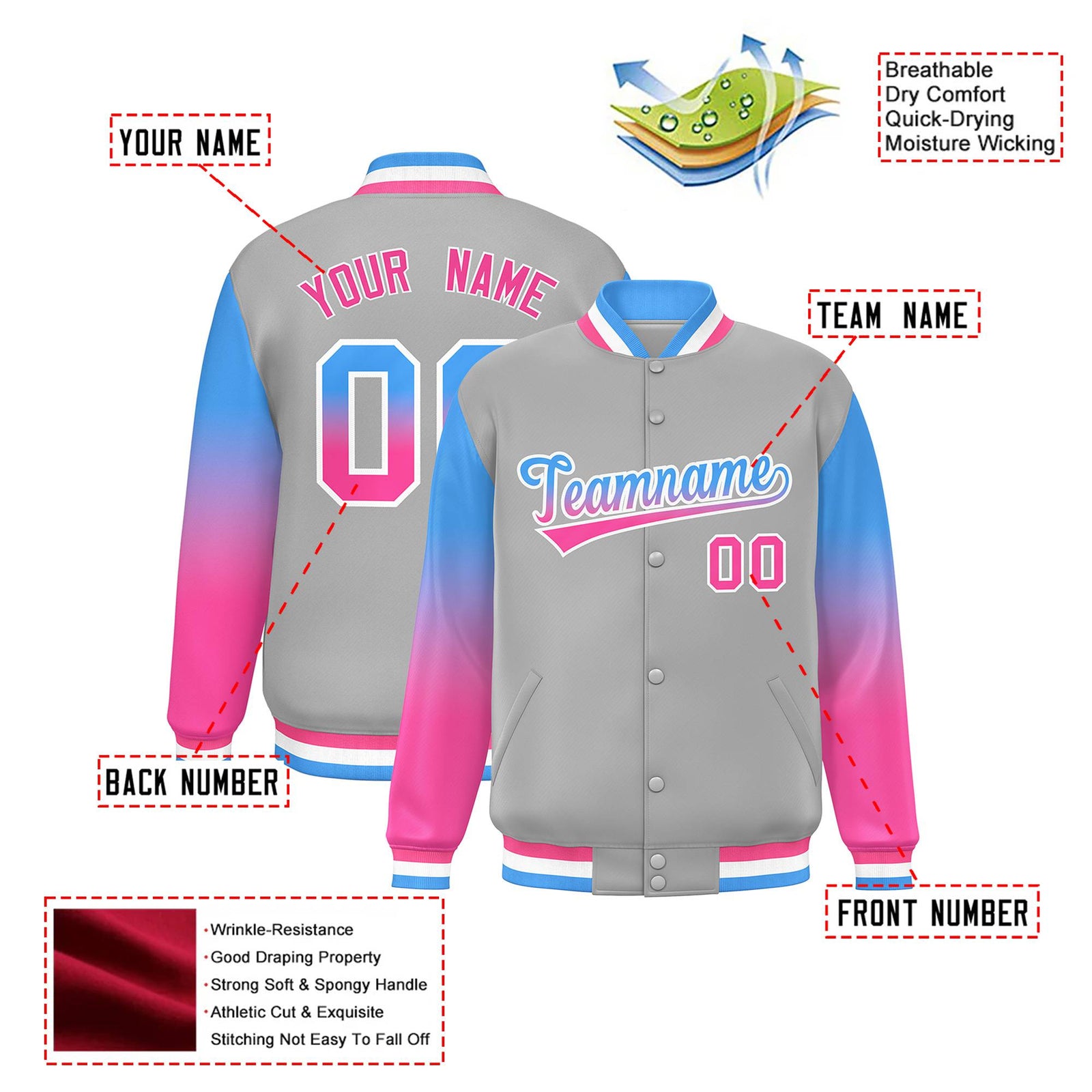 Custom Gray Powder Blue-Pink Varsity Full-Snap Sleeve Gradient Fashion Letterman Baseball Jacket