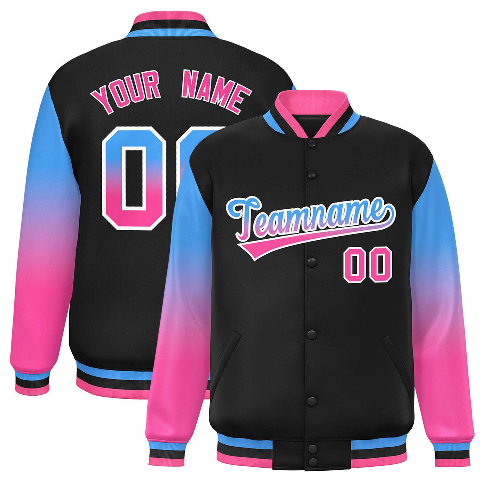 Custom Black Powder Blue-Pink Varsity Full-Snap Sleeve Gradient Fashion Letterman Baseball Jacket