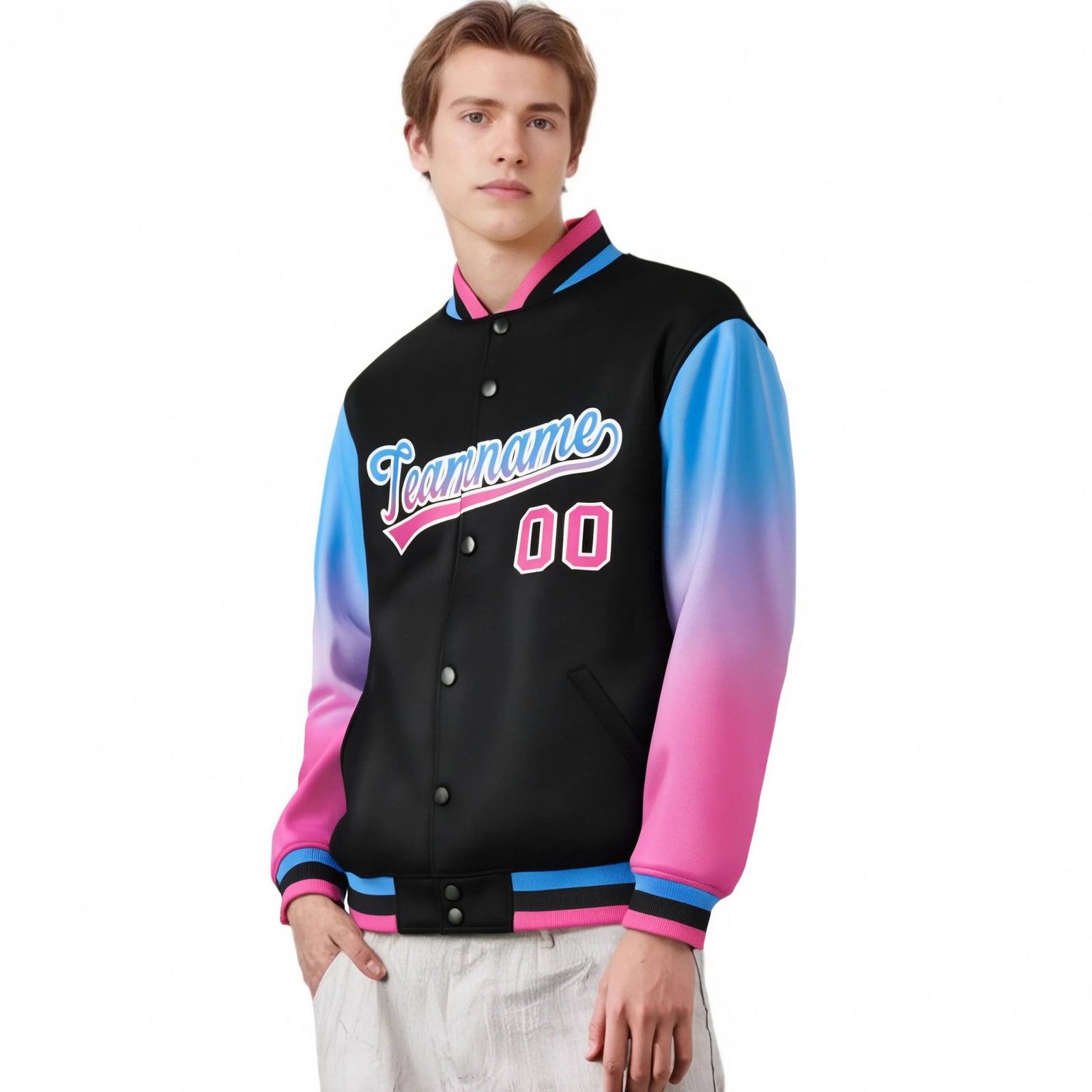Custom Black Powder Blue-Pink Varsity Full-Snap Sleeve Gradient Fashion Letterman Baseball Jacket