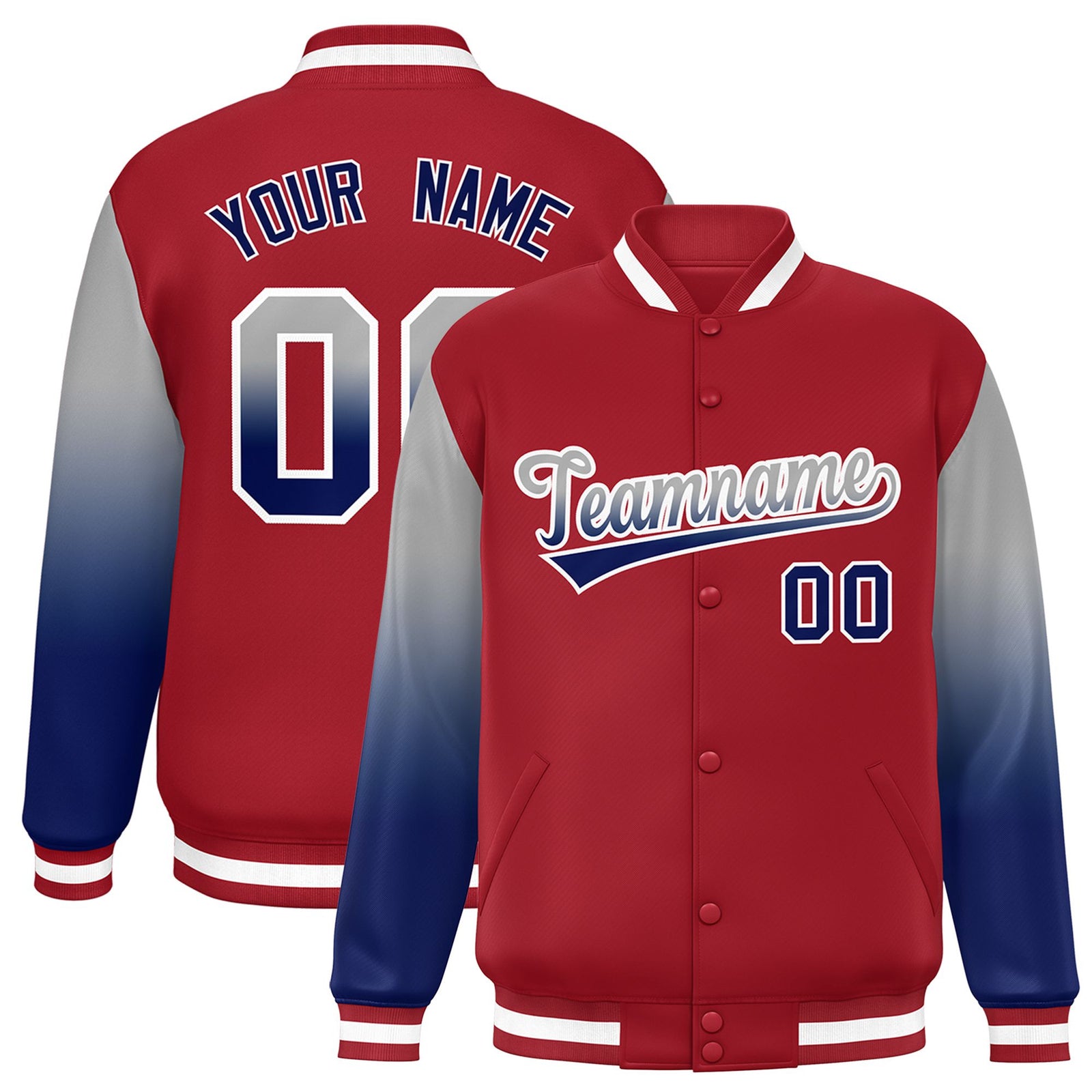 Custom Red Gray-Royal Blue Varsity Full-Snap Sleeve Gradient Fashion Letterman Baseball Jacket