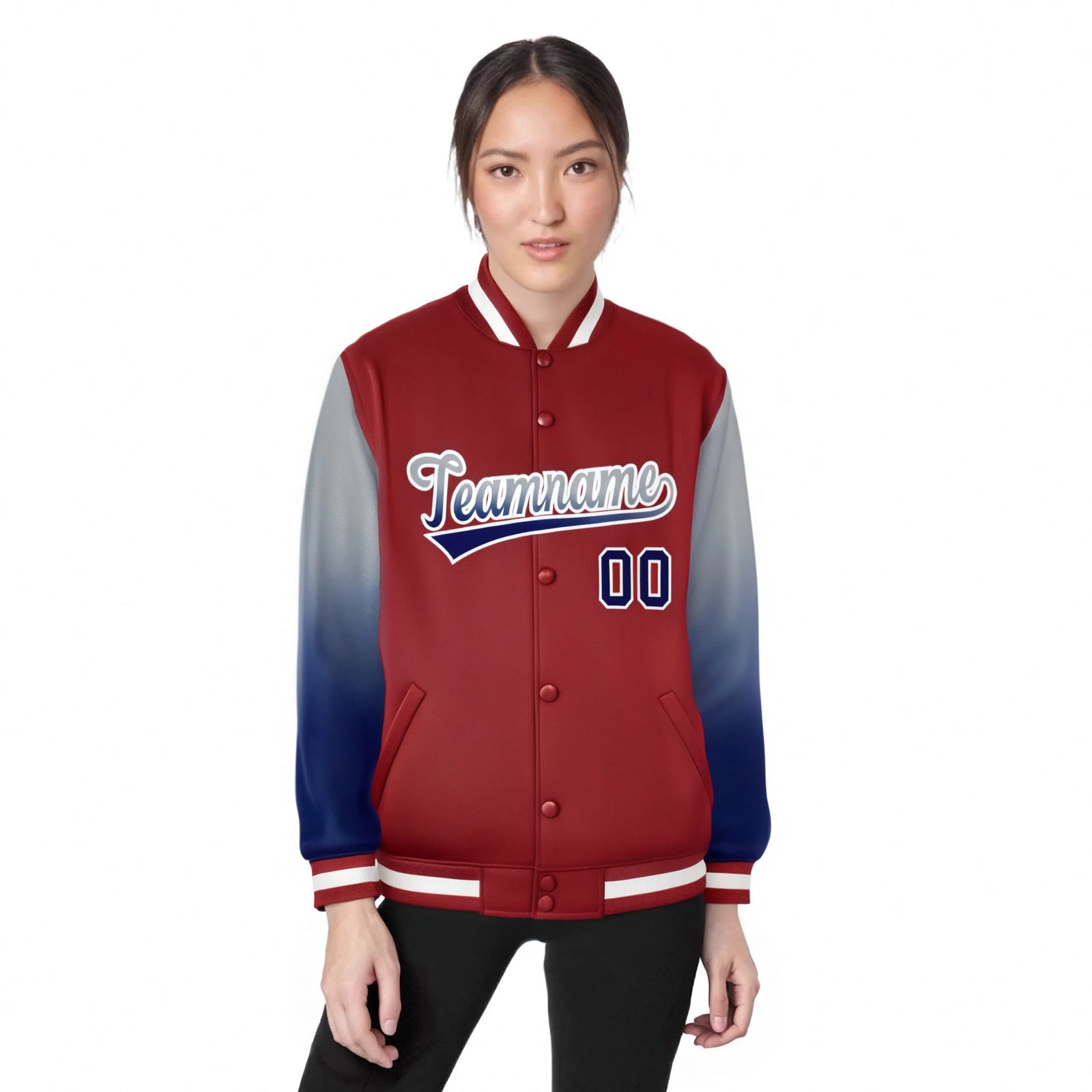 Custom Red Gray-Royal Blue Varsity Full-Snap Sleeve Gradient Fashion Letterman Baseball Jacket