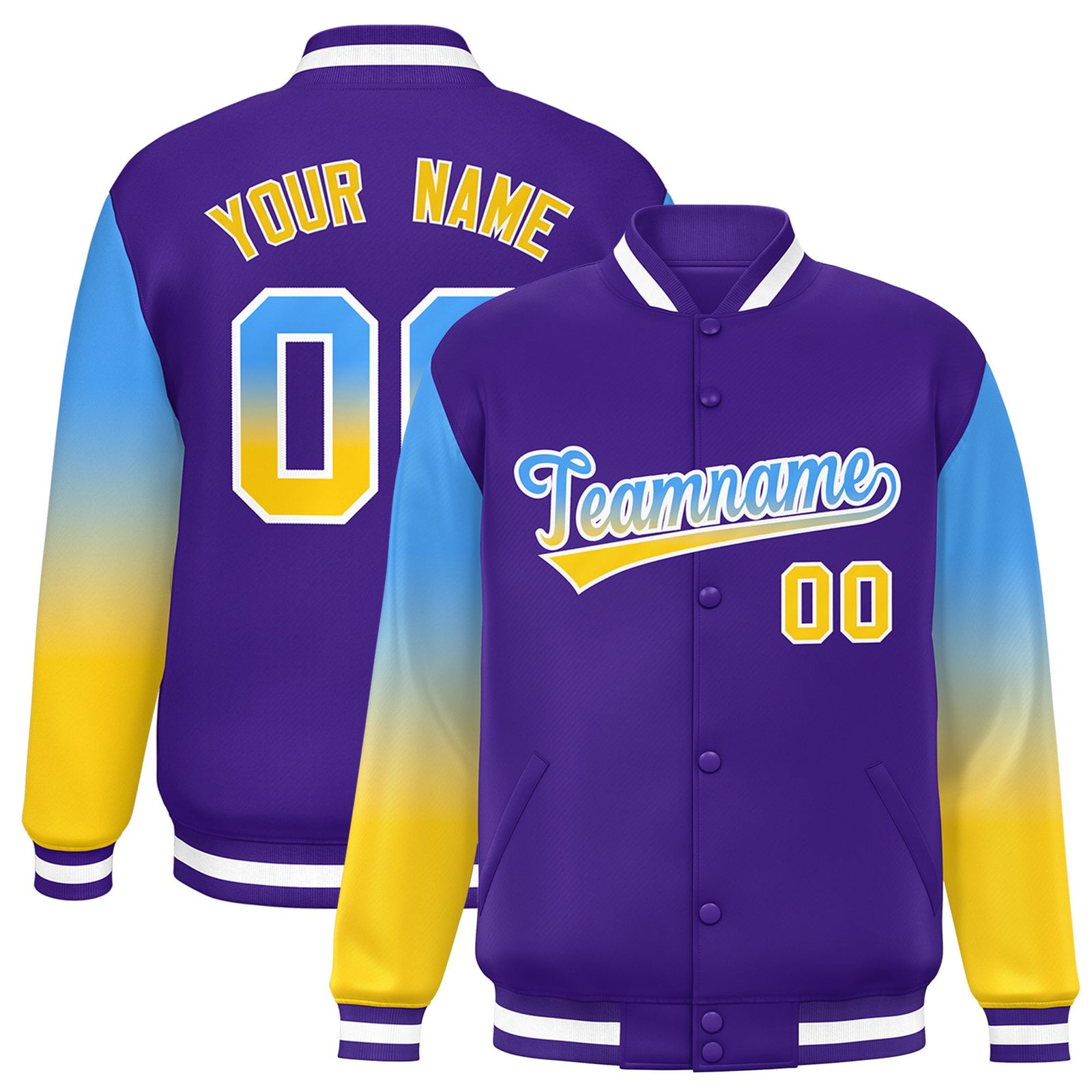 Custom Purple Powder Blue-Gold Varsity Full-Snap Sleeve Gradient Fashion Letterman Baseball Jacket
