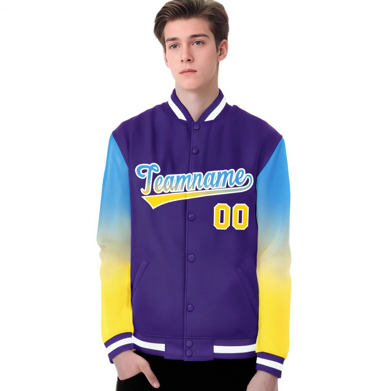 Custom Purple Powder Blue-Gold Varsity Full-Snap Sleeve Gradient Fashion Letterman Baseball Jacket