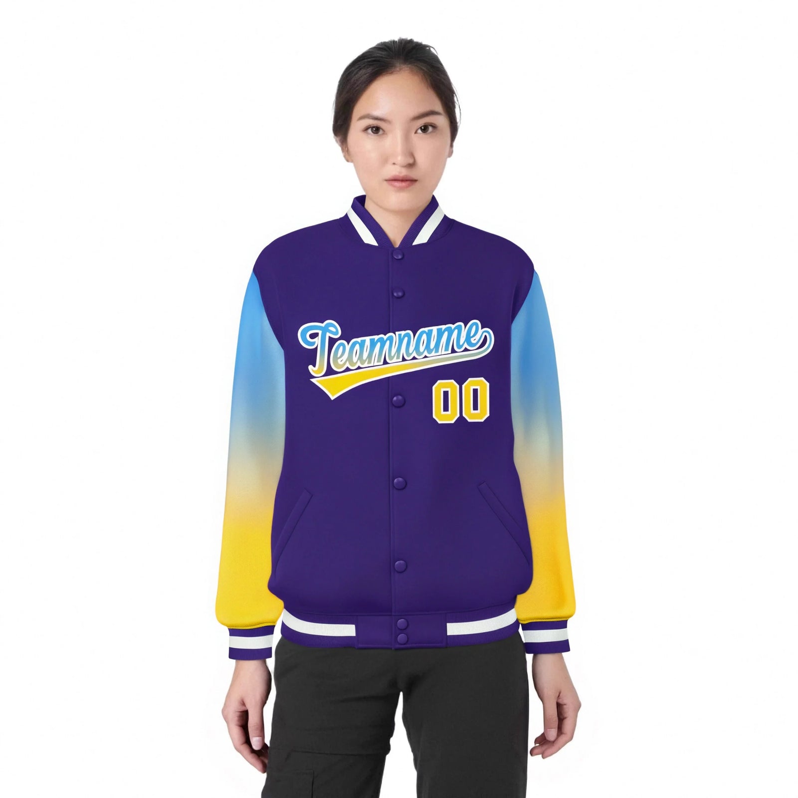 Custom Purple Powder Blue-Gold Varsity Full-Snap Sleeve Gradient Fashion Letterman Baseball Jacket