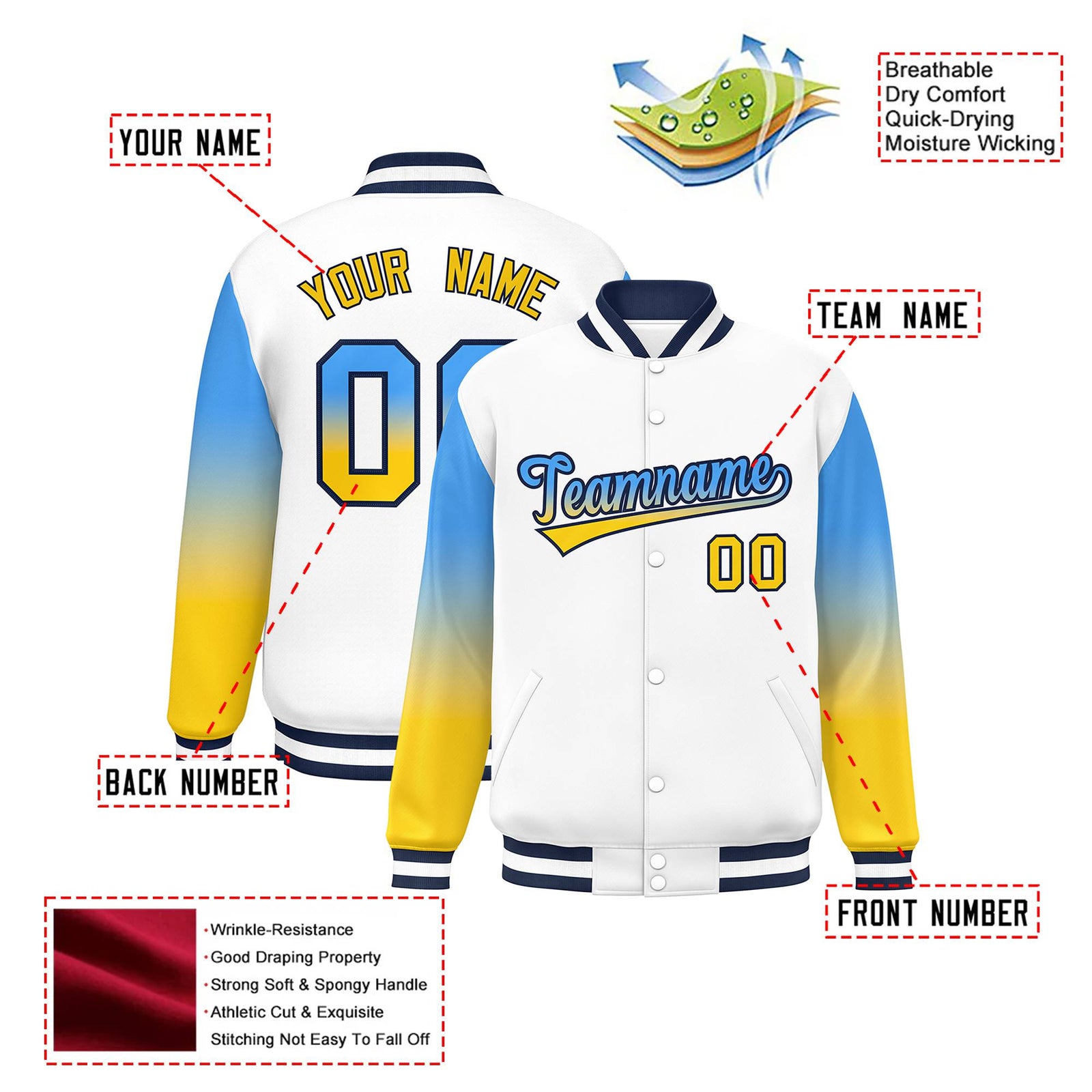 Custom White Powder Blue-Gold Varsity Full-Snap Sleeve Gradient Fashion Letterman Baseball Jacket