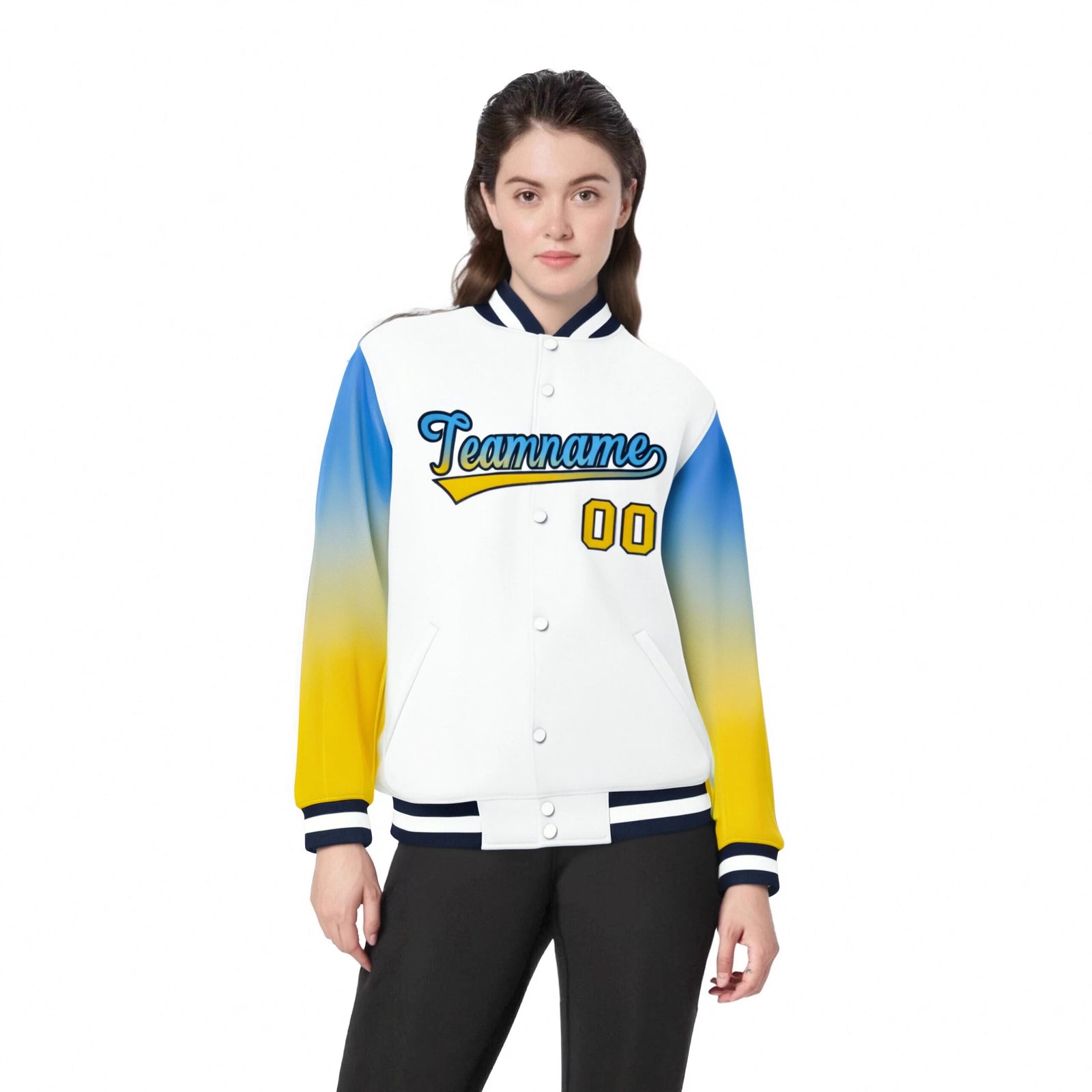 Custom White Powder Blue-Gold Varsity Full-Snap Sleeve Gradient Fashion Letterman Baseball Jacket