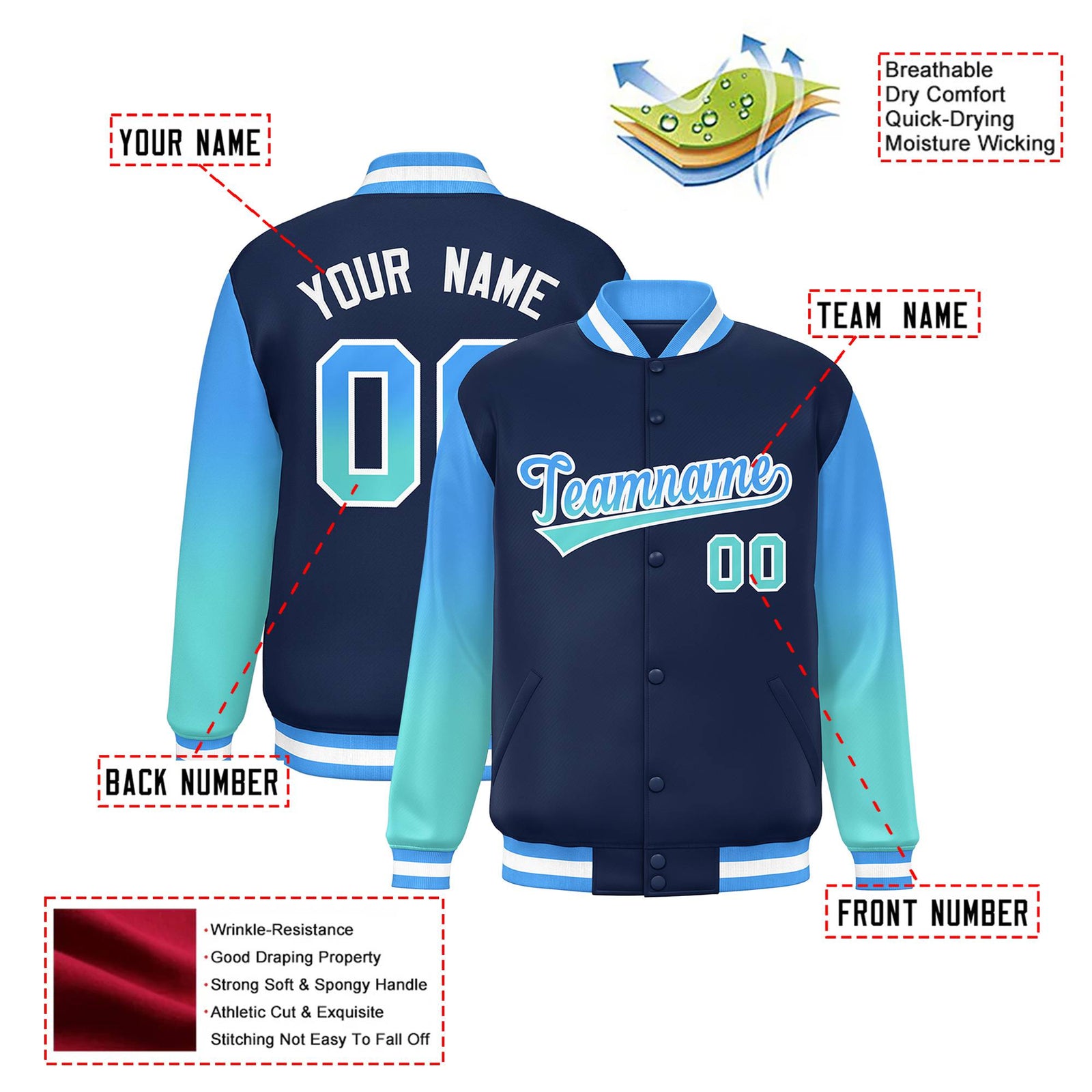 Custom Navy Powder Blue-Aqua Varsity Full-Snap Sleeve Gradient Fashion Letterman Baseball Jacket