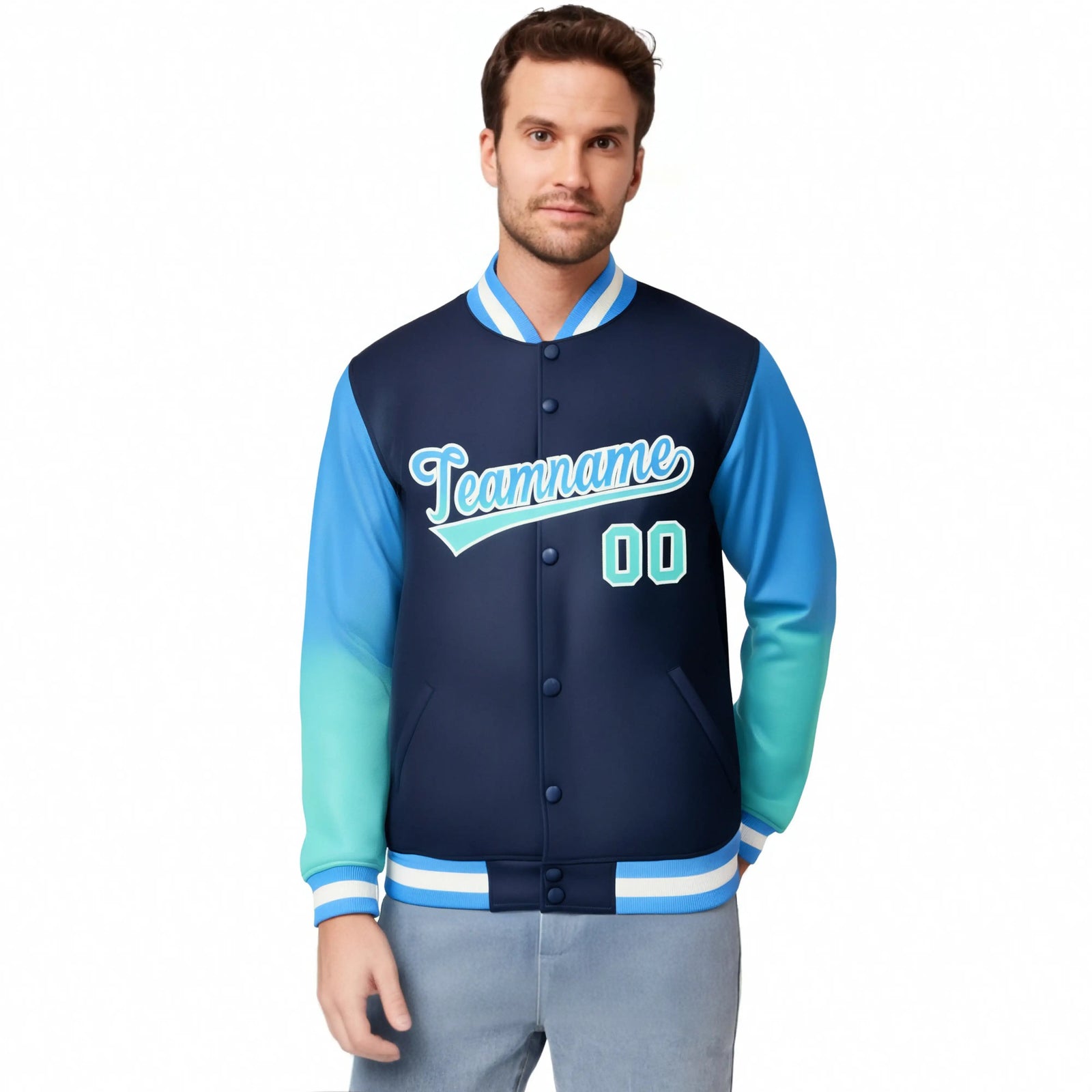 Custom Navy Powder Blue-Aqua Varsity Full-Snap Sleeve Gradient Fashion Letterman Baseball Jacket