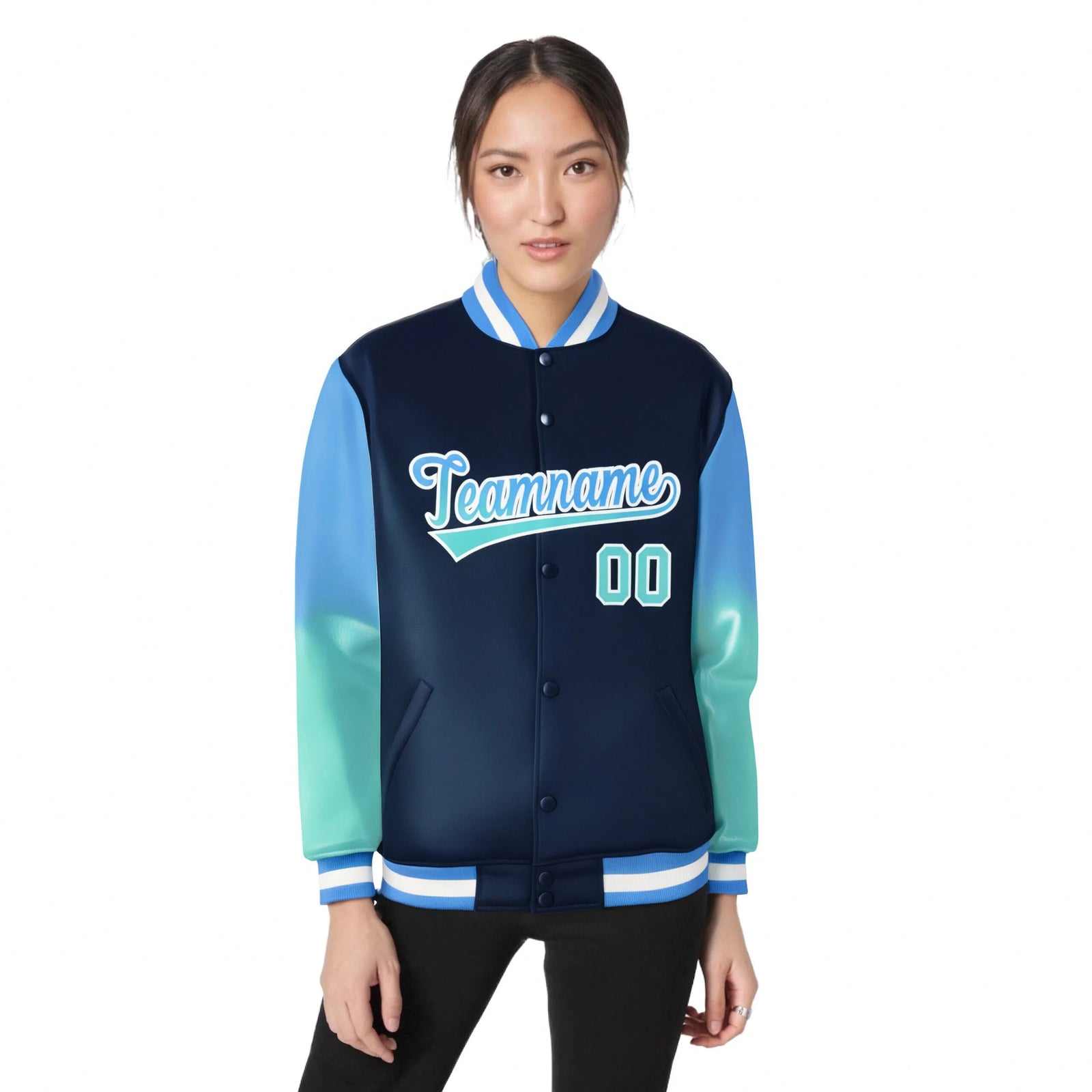 Custom Navy Powder Blue-Aqua Varsity Full-Snap Sleeve Gradient Fashion Letterman Baseball Jacket