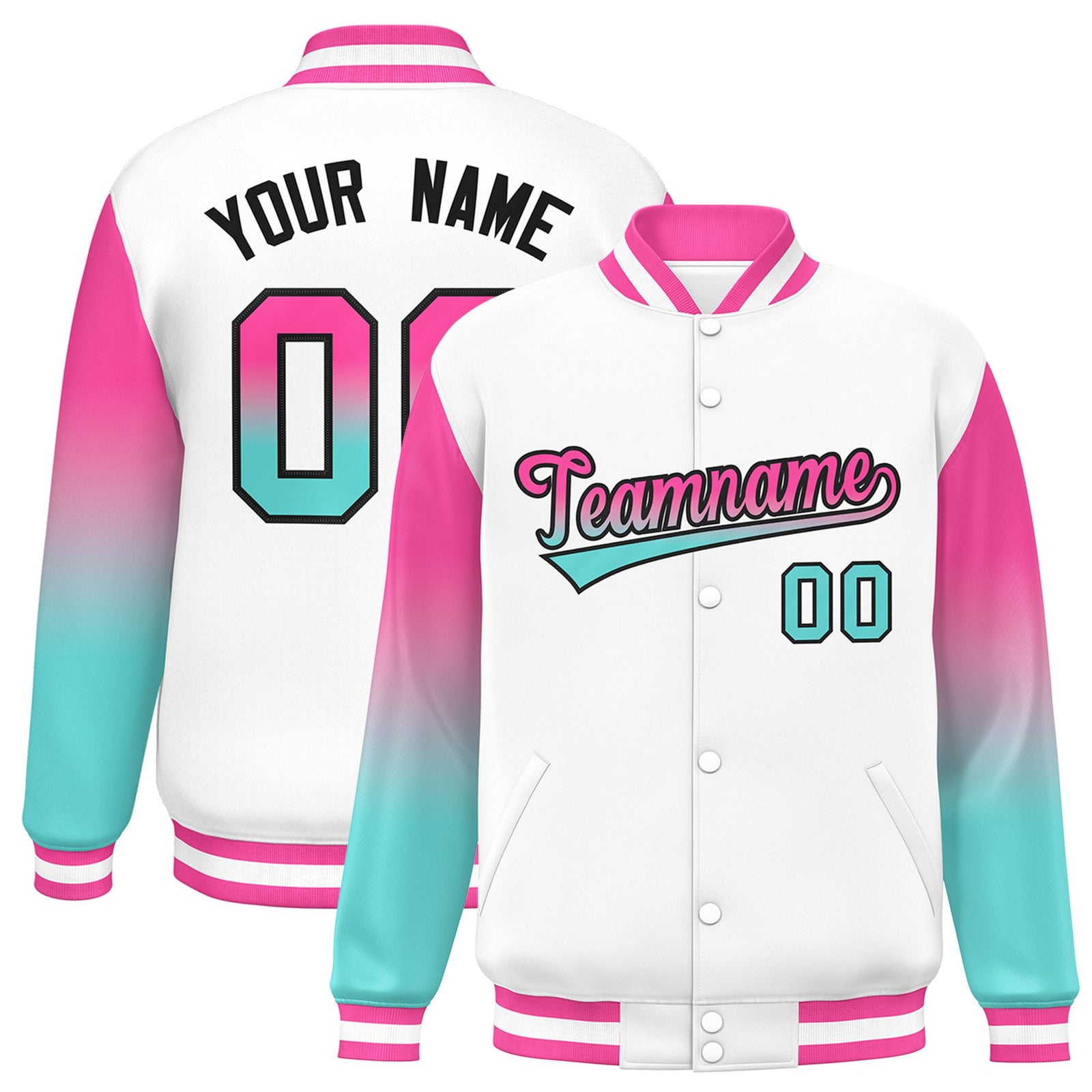 Custom White Pink-Aqua Varsity Full-Snap Sleeve Gradient Fashion Letterman Baseball Jacket
