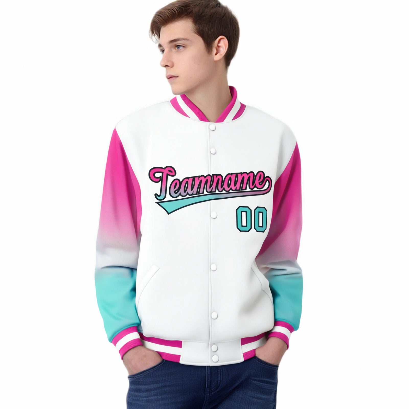 Custom White Pink-Aqua Varsity Full-Snap Sleeve Gradient Fashion Letterman Baseball Jacket