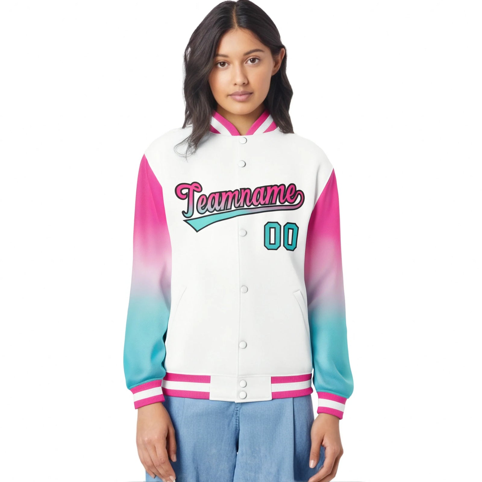 Custom White Pink-Aqua Varsity Full-Snap Sleeve Gradient Fashion Letterman Baseball Jacket