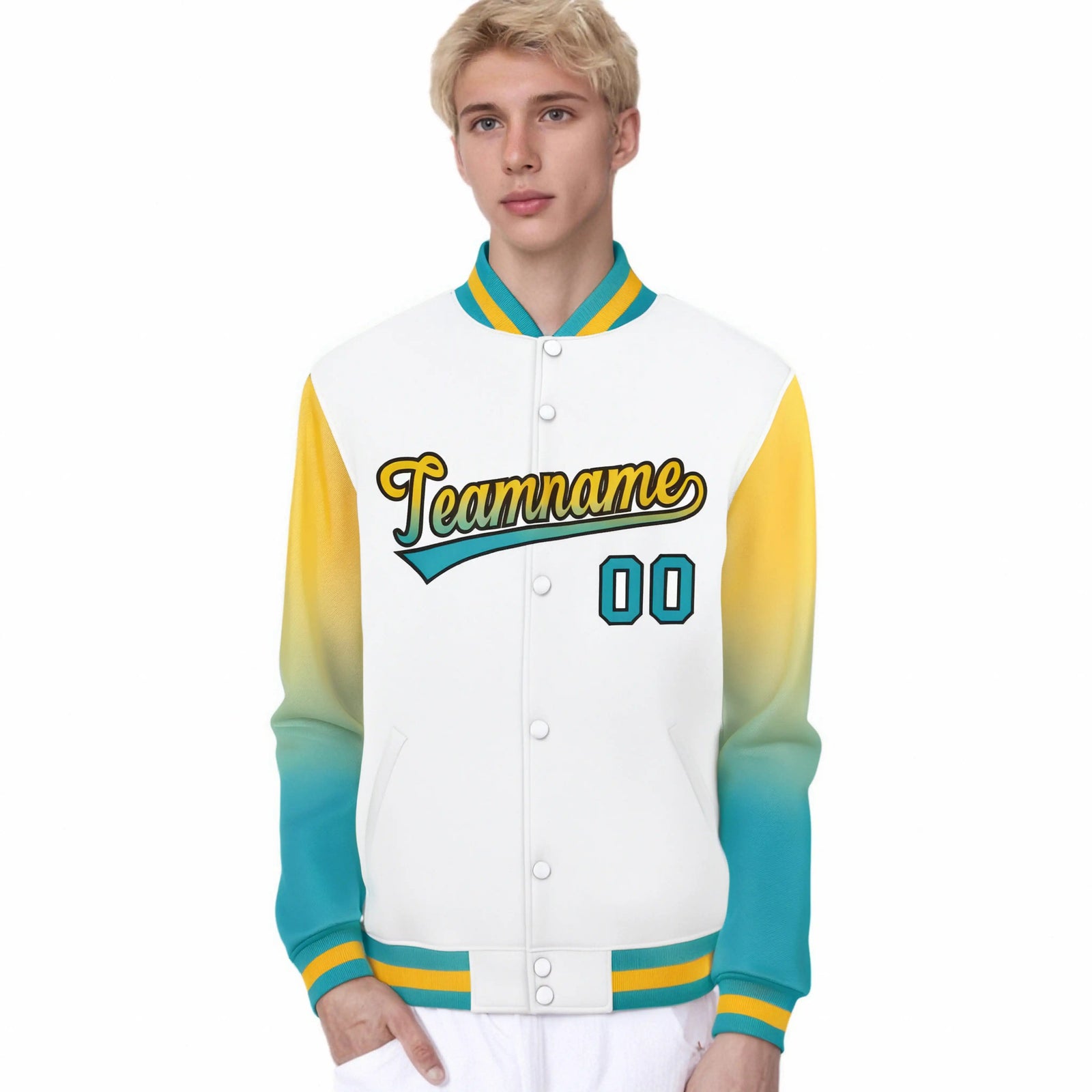 Custom White Yellow-Aqua Varsity Full-Snap Sleeve Gradient Fashion Letterman Baseball Jacket