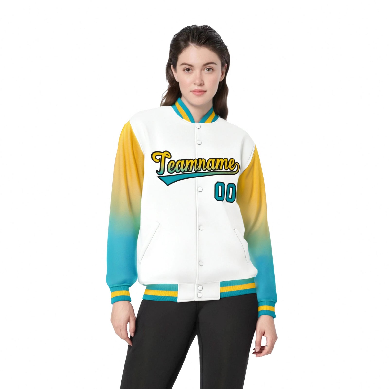 Custom White Yellow-Aqua Varsity Full-Snap Sleeve Gradient Fashion Letterman Baseball Jacket