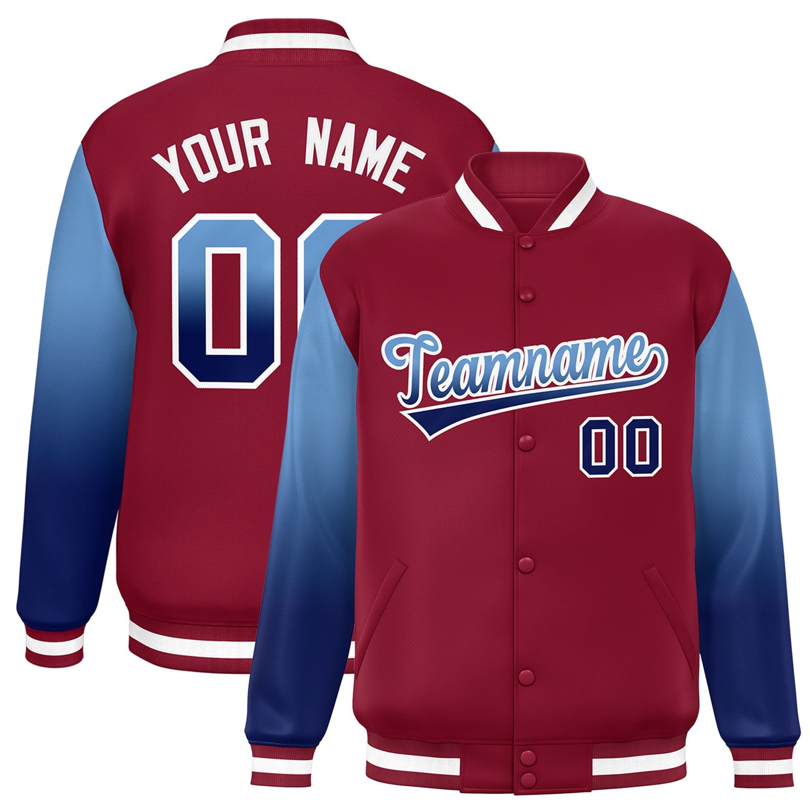 Custom Crimson Light Blue-Royal Blue Varsity Full-Snap Sleeve Gradient Fashion Letterman Baseball Jacket