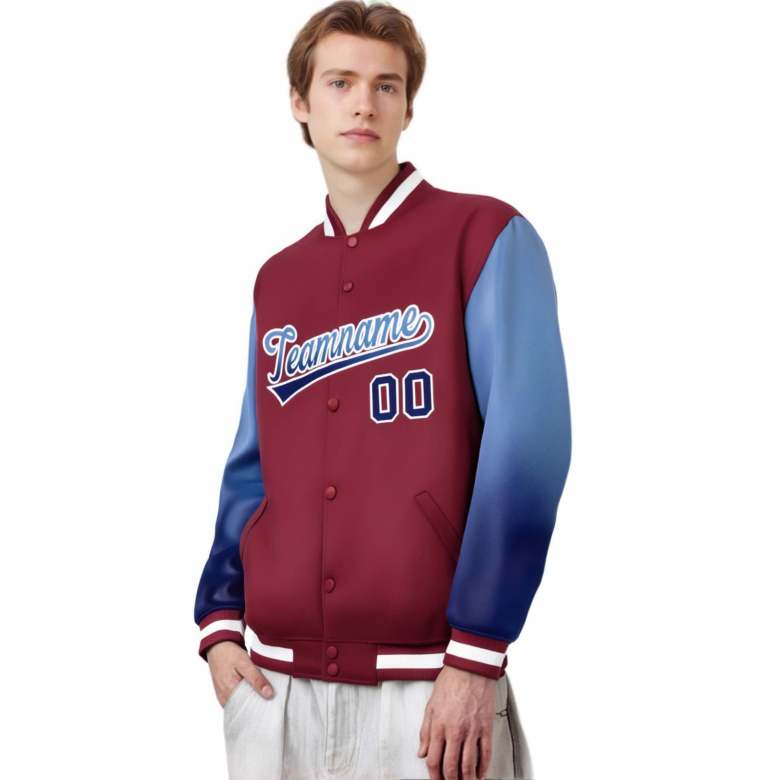 Custom Crimson Light Blue-Royal Blue Varsity Full-Snap Sleeve Gradient Fashion Letterman Baseball Jacket