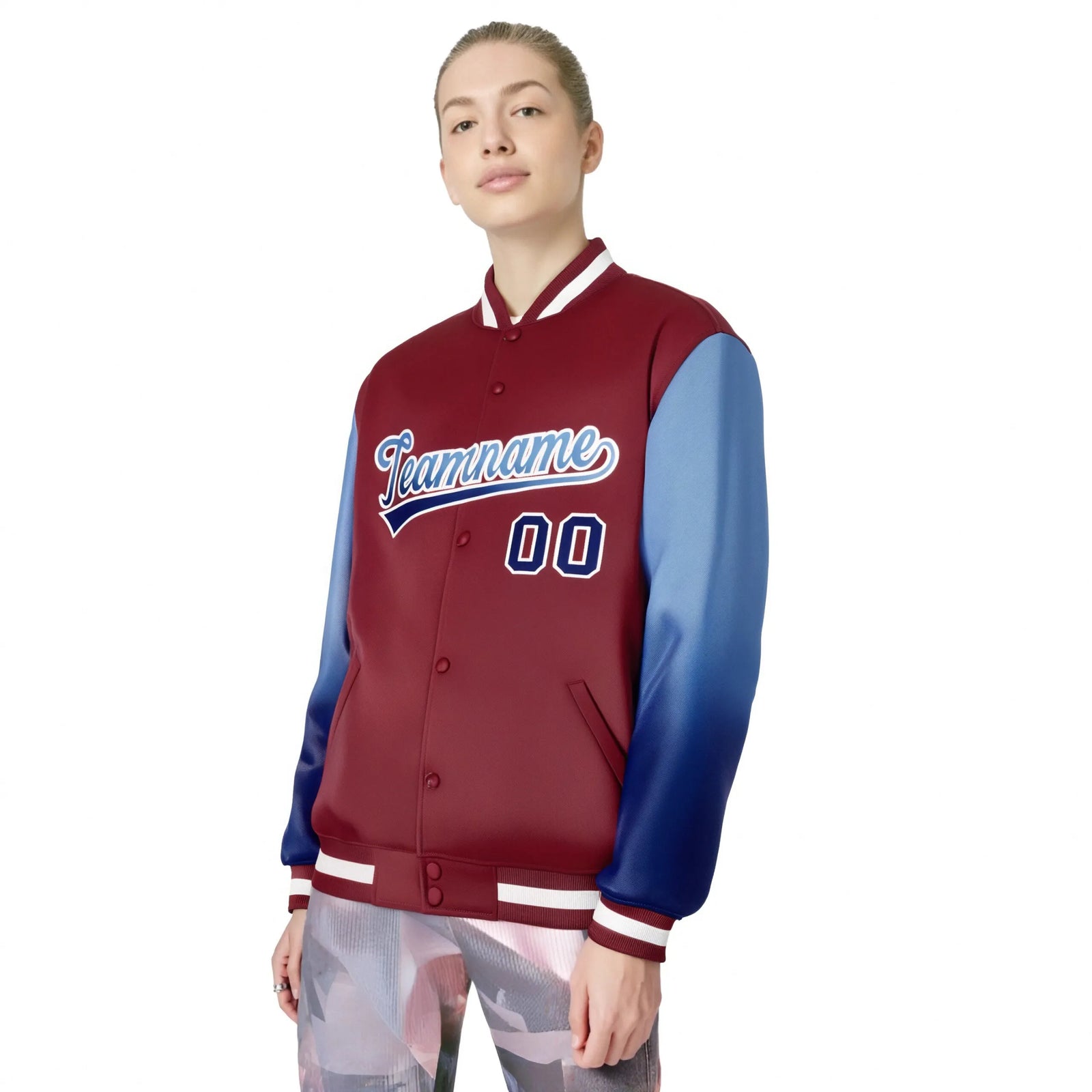 Custom Crimson Light Blue-Royal Blue Varsity Full-Snap Sleeve Gradient Fashion Letterman Baseball Jacket