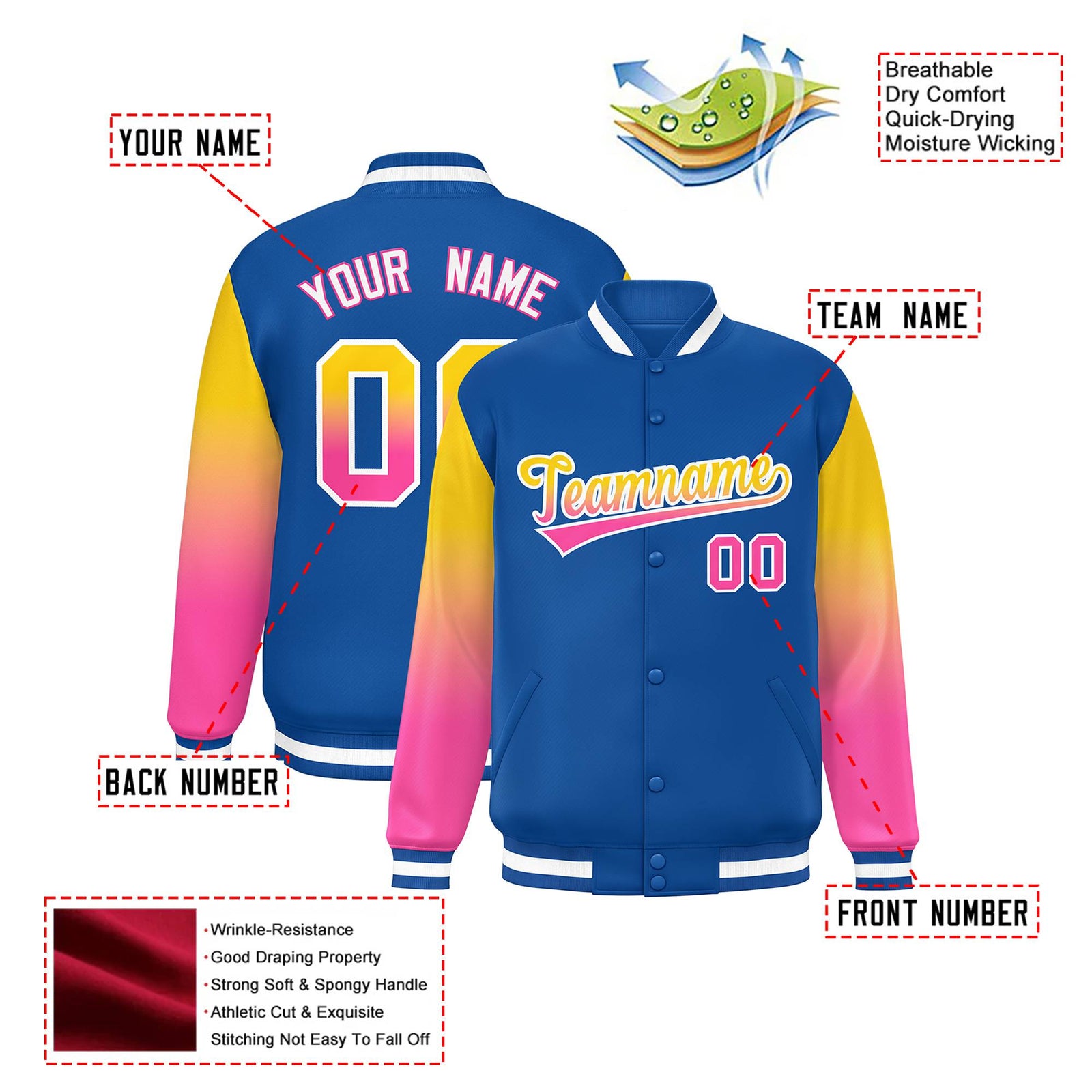 Custom Royal Blue Yellow-Pink Varsity Full-Snap Sleeve Gradient Fashion Letterman Baseball Jacket