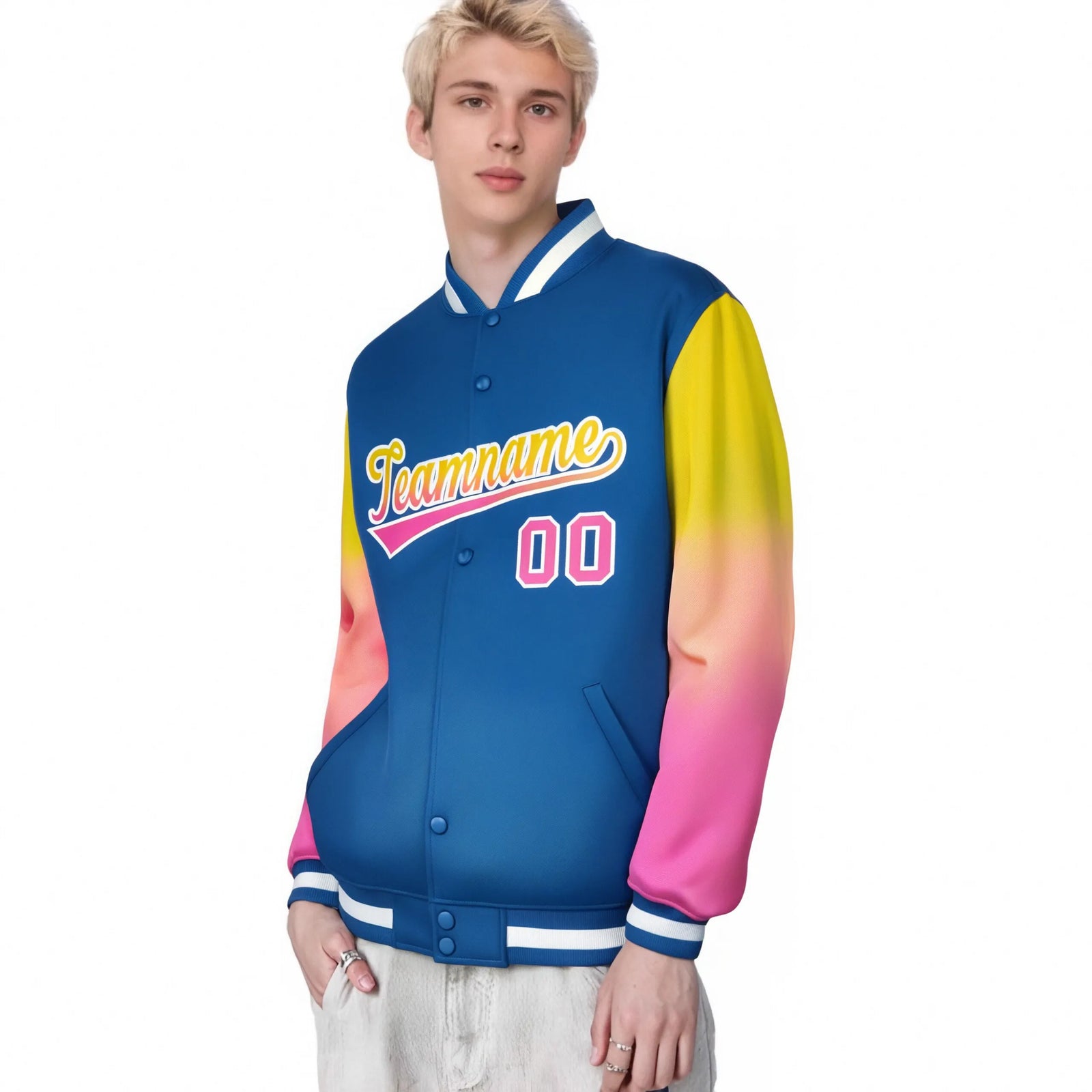 Custom Royal Blue Yellow-Pink Varsity Full-Snap Sleeve Gradient Fashion Letterman Baseball Jacket