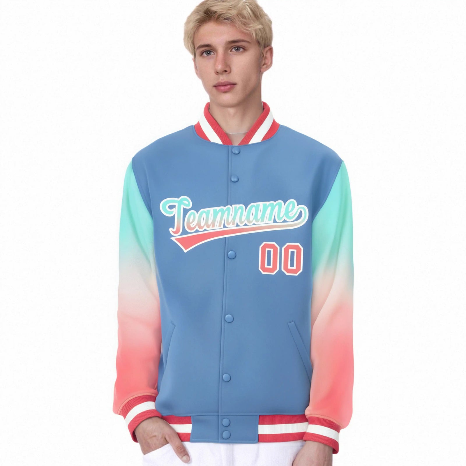 Custom Light Blue Bright Green-Light Red Varsity Full-Snap Sleeve Gradient Fashion Letterman Baseball Jacket
