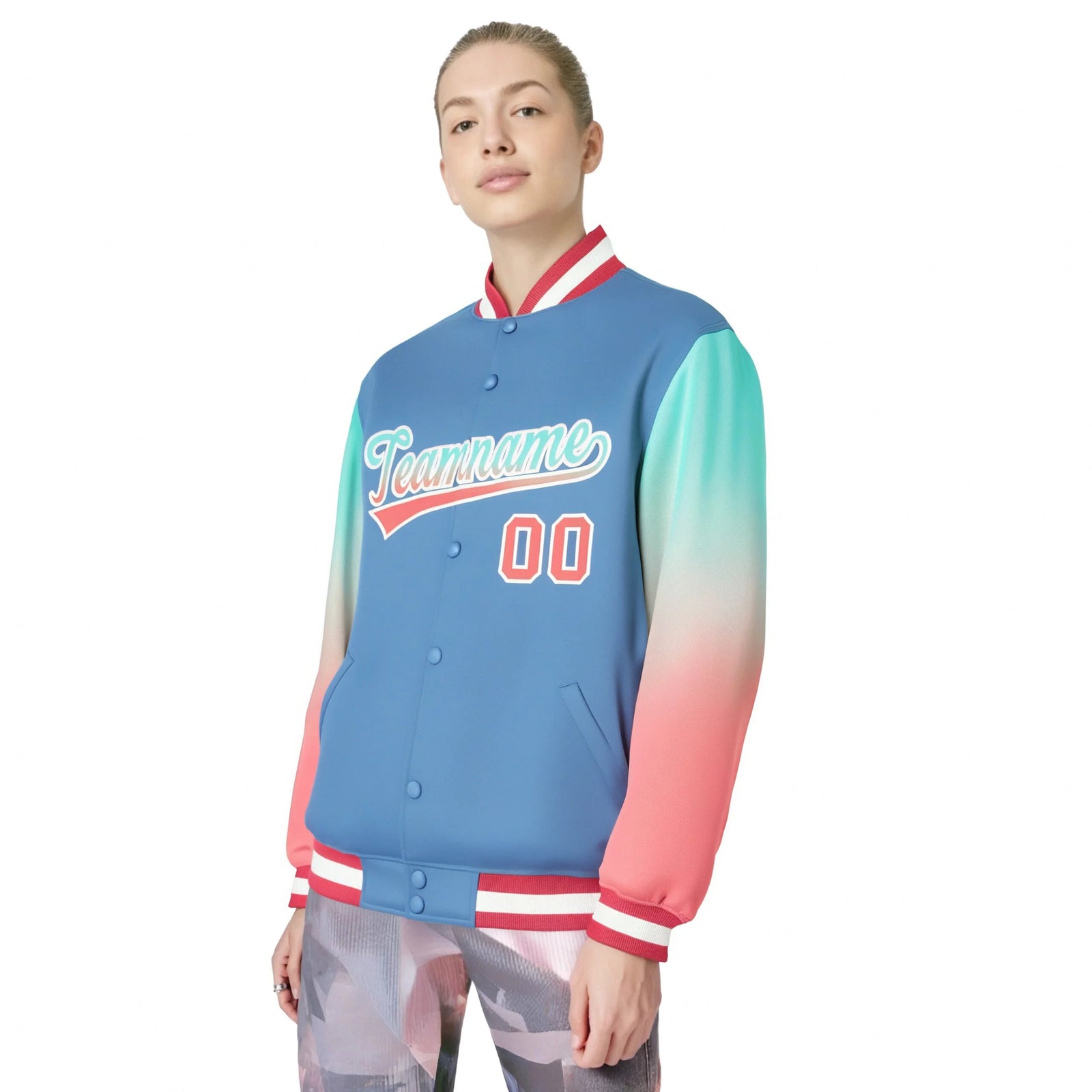 Custom Light Blue Bright Green-Light Red Varsity Full-Snap Sleeve Gradient Fashion Letterman Baseball Jacket