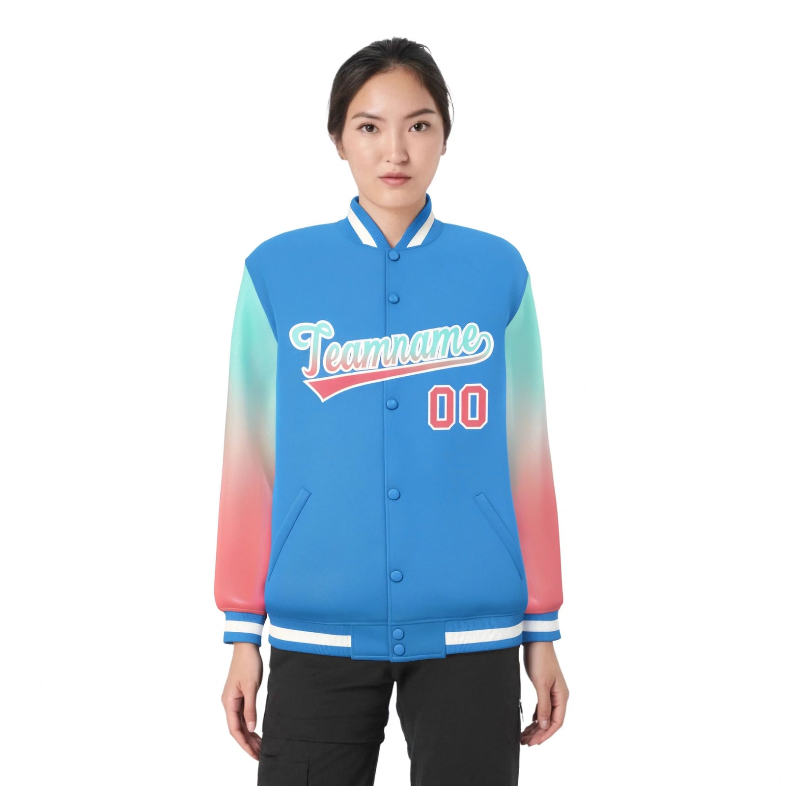 Custom Powder Blue Bright Green-Light Red Varsity Full-Snap Sleeve Gradient Fashion Letterman Baseball Jacket