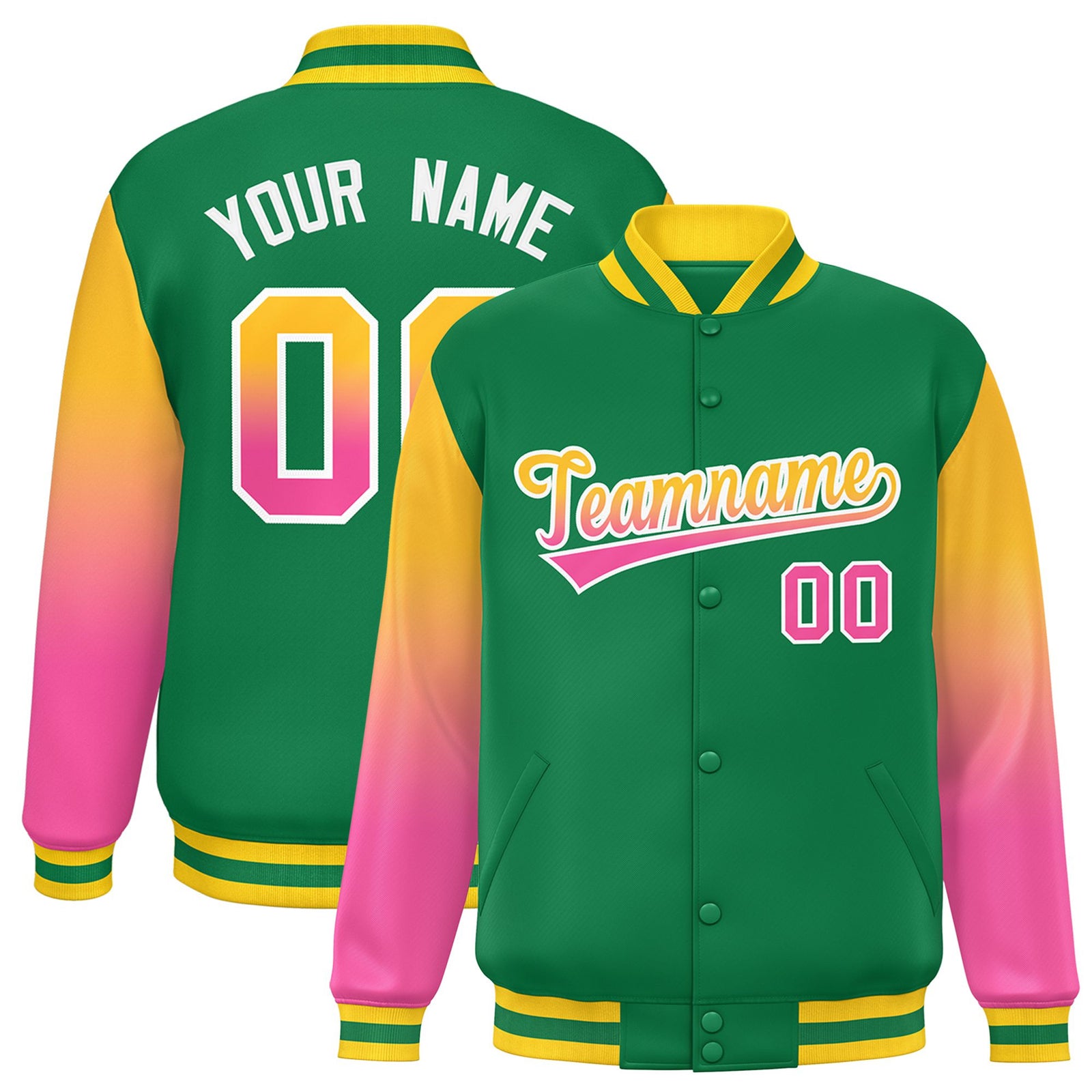 Custom Kelly Green Yellow-Pink Varsity Full-Snap Sleeve Gradient Fashion Letterman Baseball Jacket