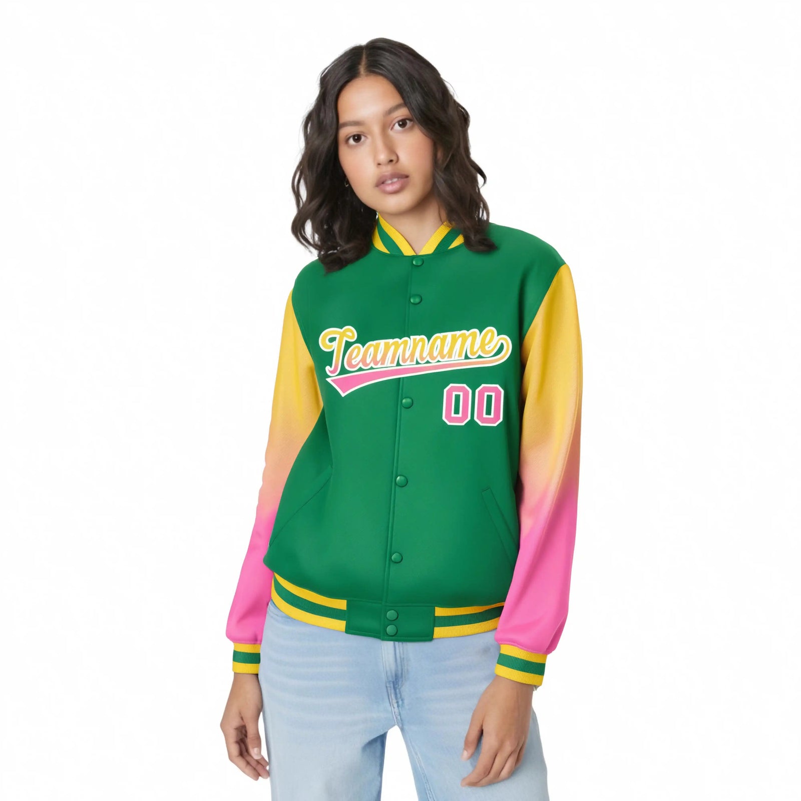 Custom Kelly Green Yellow-Pink Varsity Full-Snap Sleeve Gradient Fashion Letterman Baseball Jacket