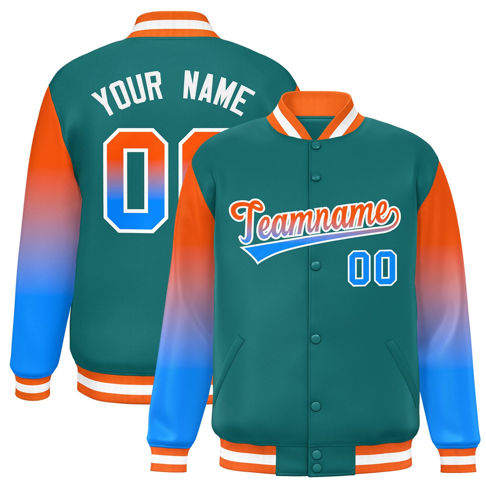 Custom Aqua Orange-Powder Blue Varsity Full-Snap Sleeve Gradient Fashion Letterman Baseball Jacket