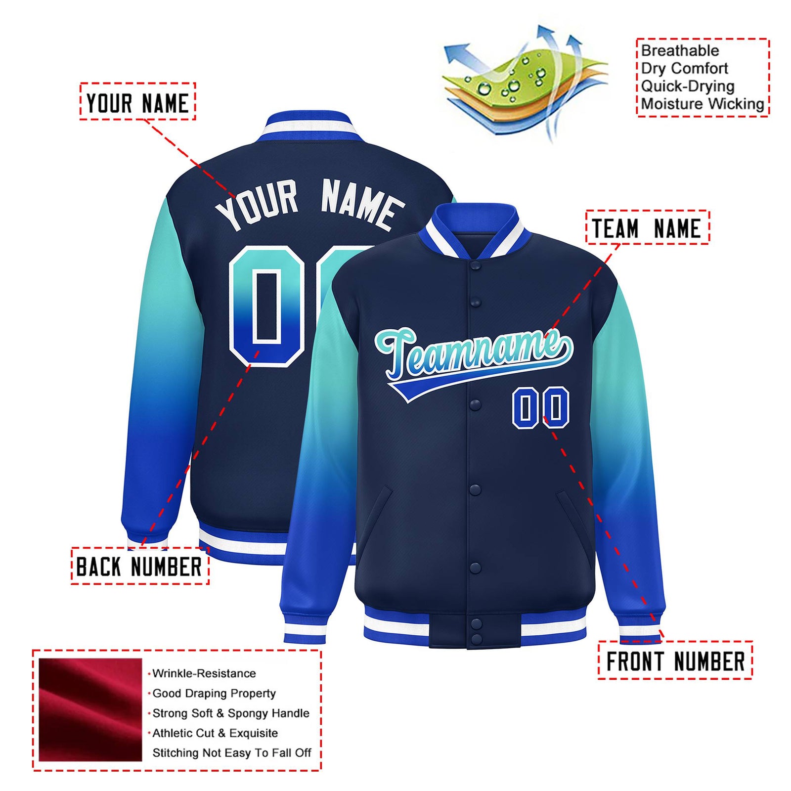 Custom Navy Aqua-Royal Blue Varsity Full-Snap Sleeve Gradient Fashion Letterman Baseball Jacket