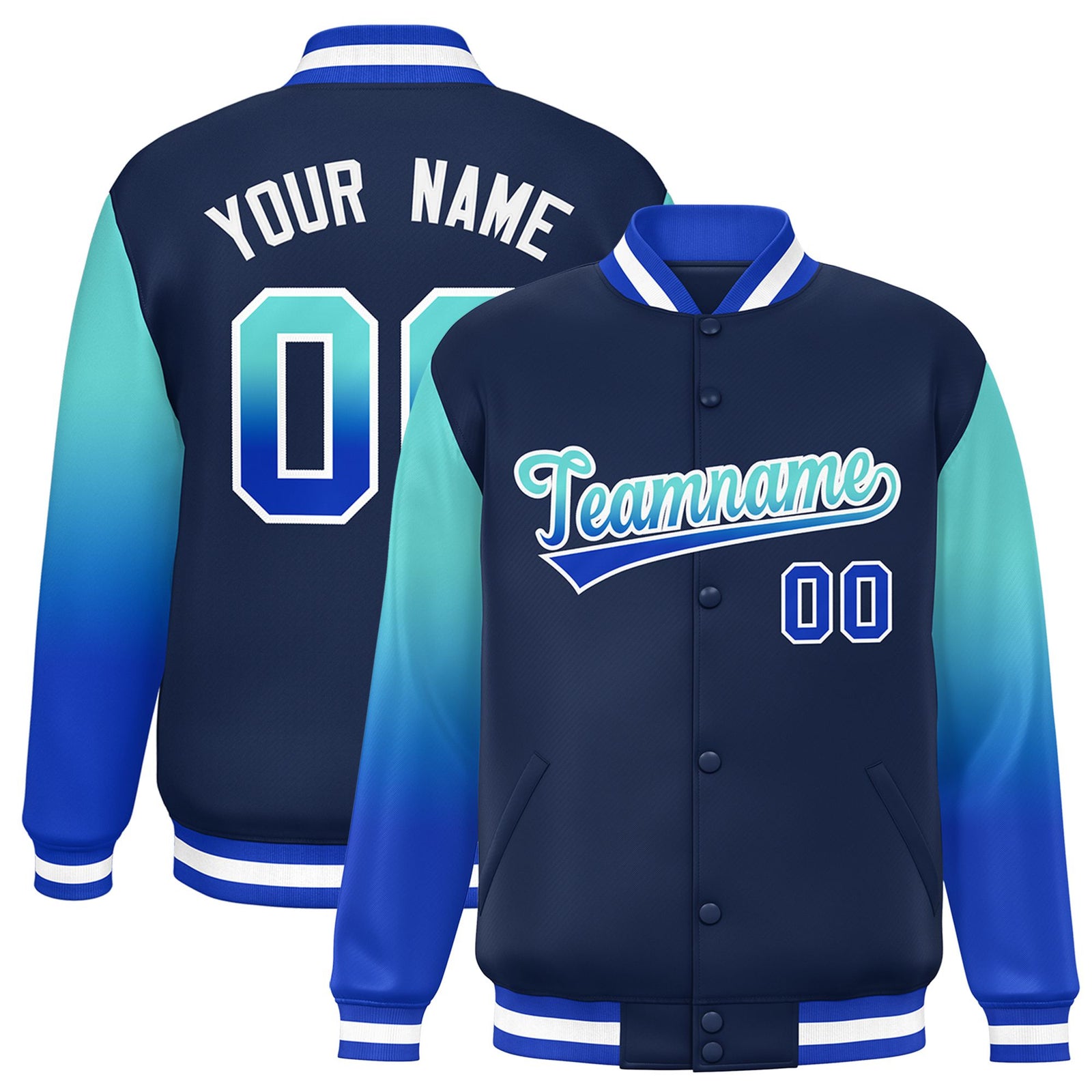Custom Navy Aqua-Royal Blue Varsity Full-Snap Sleeve Gradient Fashion Letterman Baseball Jacket