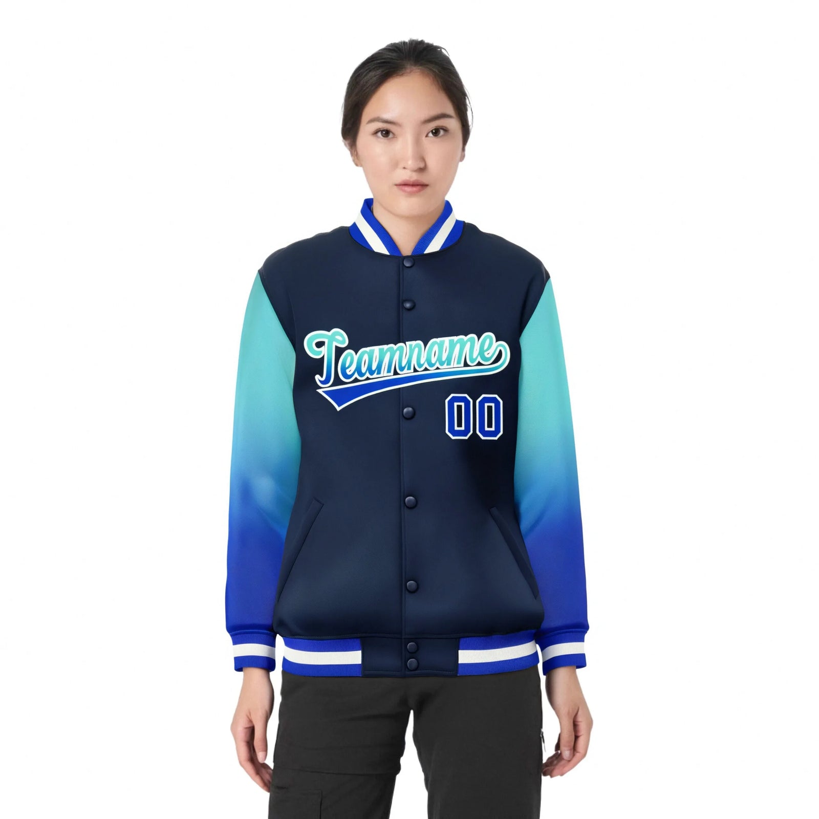 Custom Navy Aqua-Royal Blue Varsity Full-Snap Sleeve Gradient Fashion Letterman Baseball Jacket