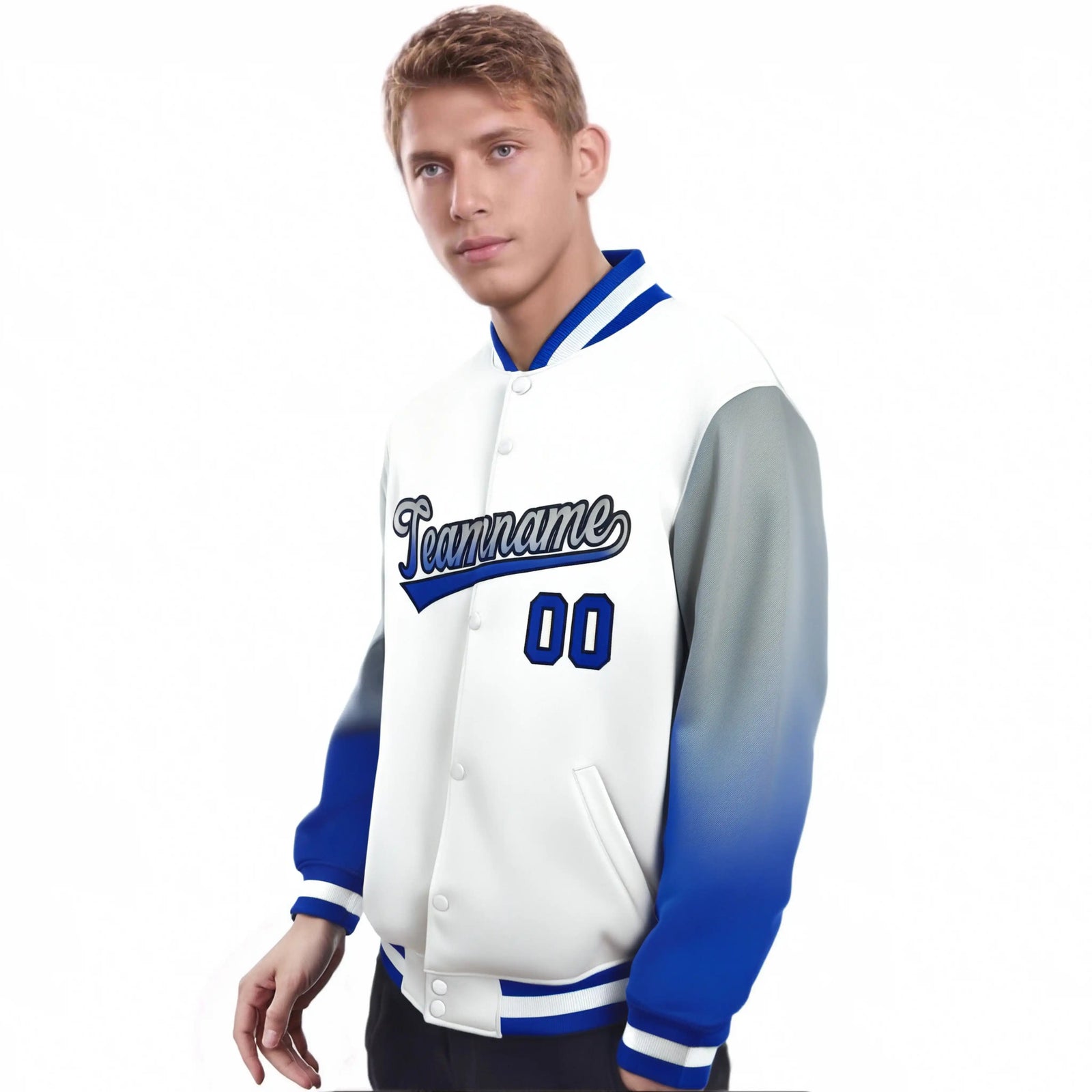Custom White Gray-Royal Blue Varsity Full-Snap Sleeve Gradient Fashion Letterman Baseball Jacket