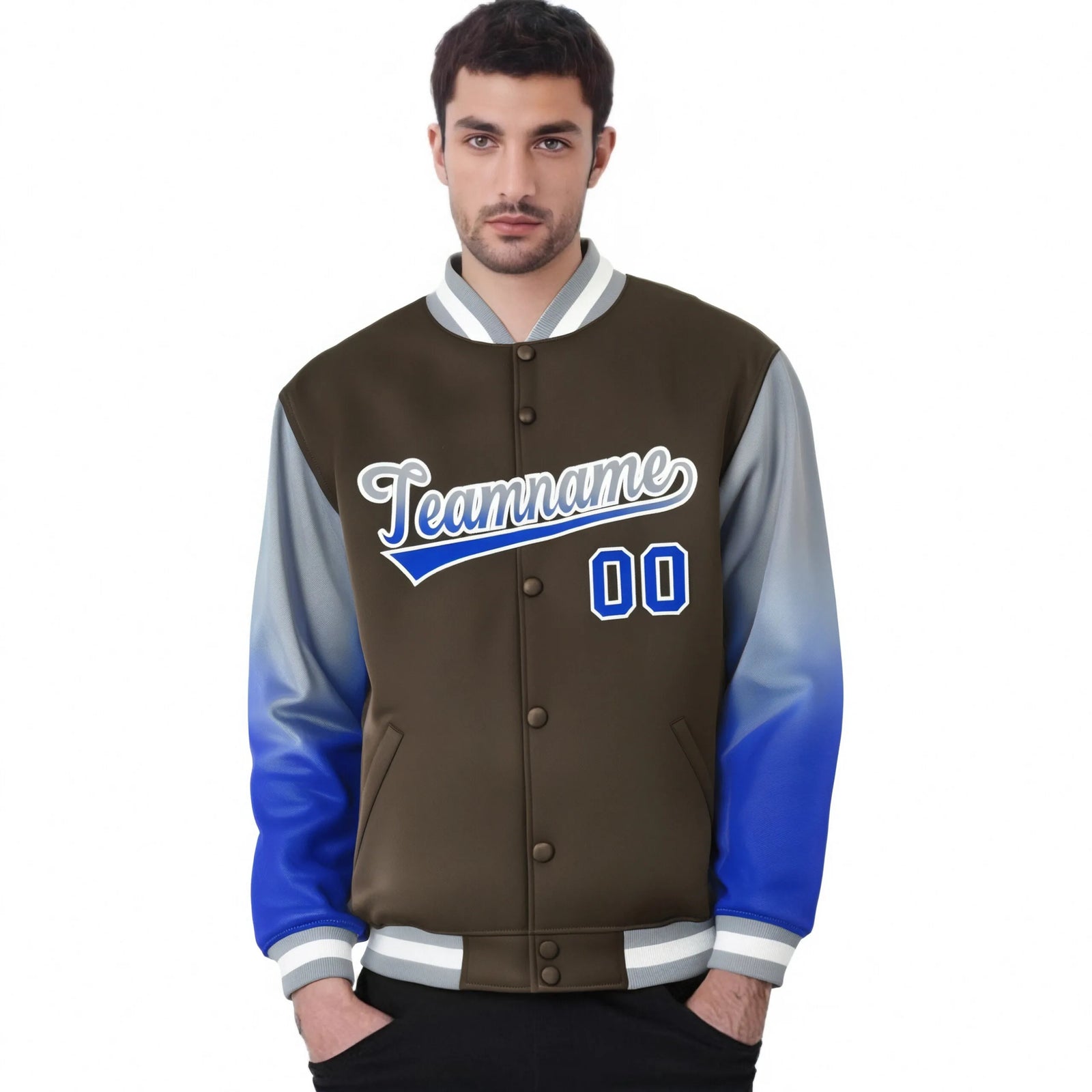 Custom Light Brown Gray-Royal Blue Varsity Full-Snap Sleeve Gradient Fashion Letterman Baseball Jacket