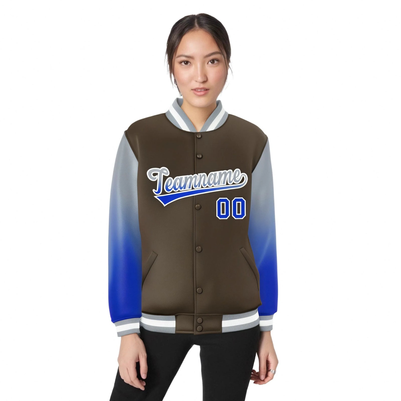 Custom Light Brown Gray-Royal Blue Varsity Full-Snap Sleeve Gradient Fashion Letterman Baseball Jacket