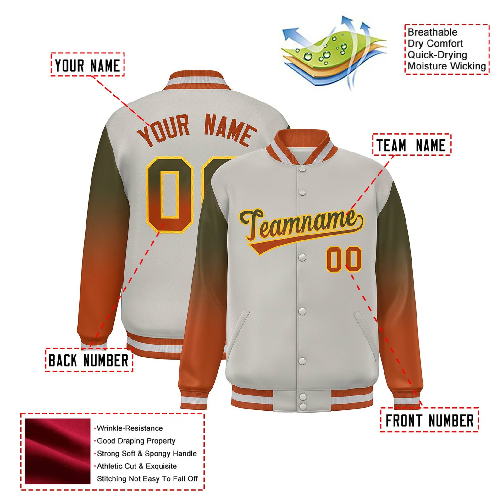 Custom Gray Olive-Munsell Varsity Full-Snap Sleeve Gradient Fashion Letterman Baseball Jacket