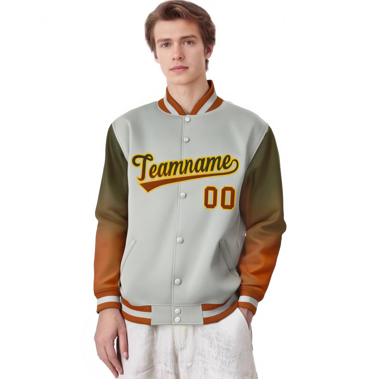 Custom Gray Olive-Munsell Varsity Full-Snap Sleeve Gradient Fashion Letterman Baseball Jacket