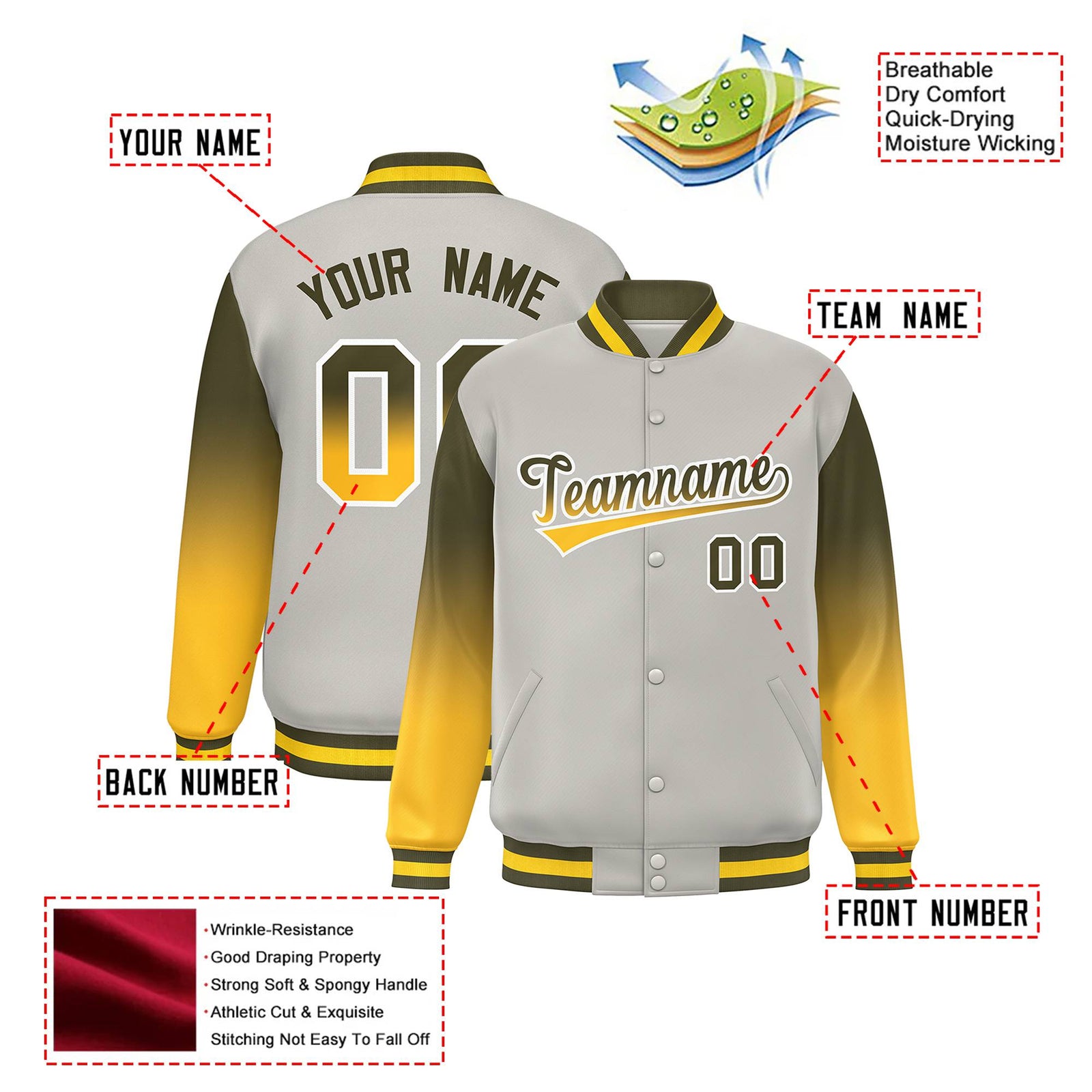 Custom Gray Olive-Gold Varsity Full-Snap Sleeve Gradient Fashion Letterman Baseball Jacket