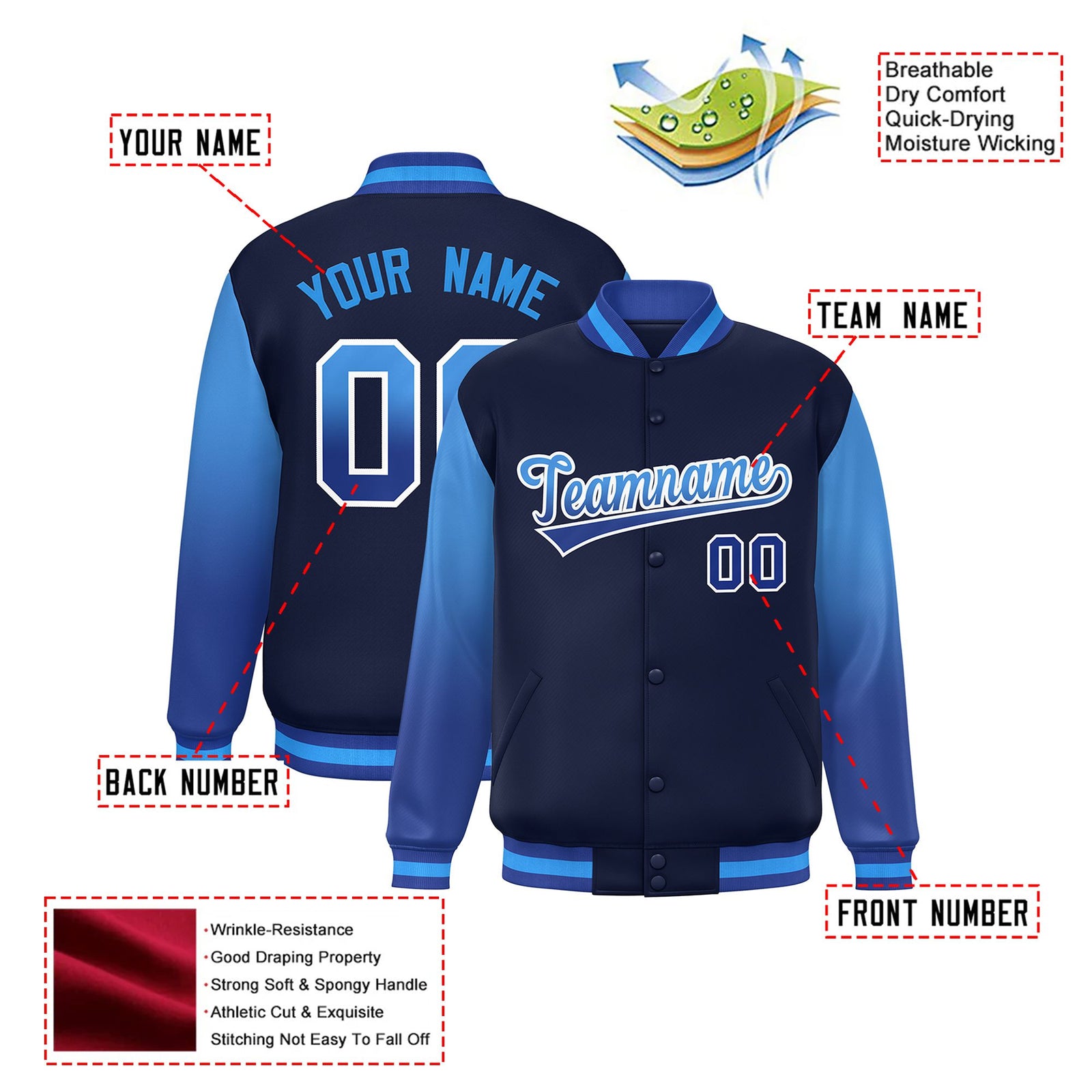 Custom Navy Light Blue-Royal Blue Varsity Full-Snap Sleeve Gradient Fashion Letterman Baseball Jacket
