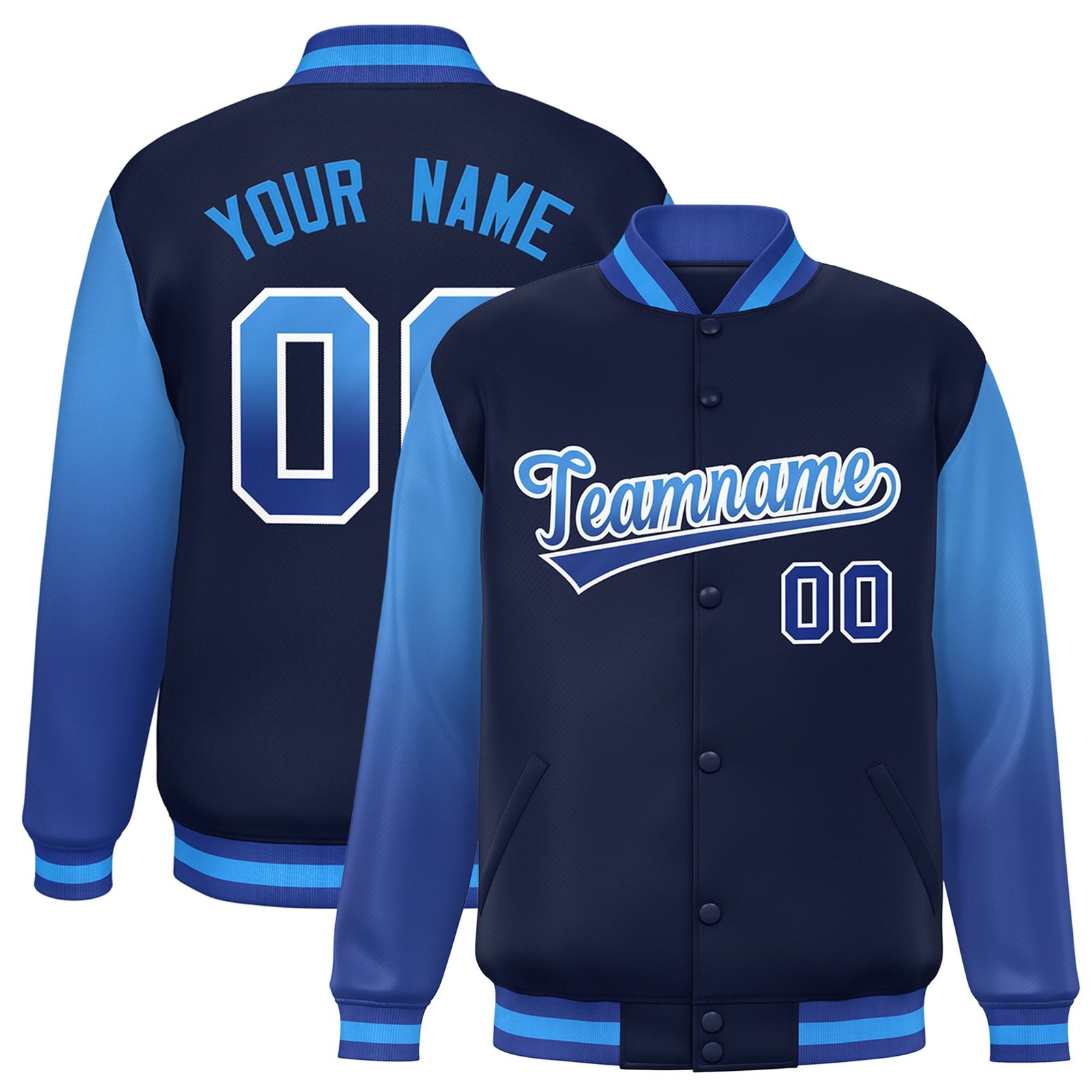 Custom Navy Light Blue-Royal Blue Varsity Full-Snap Sleeve Gradient Fashion Letterman Baseball Jacket