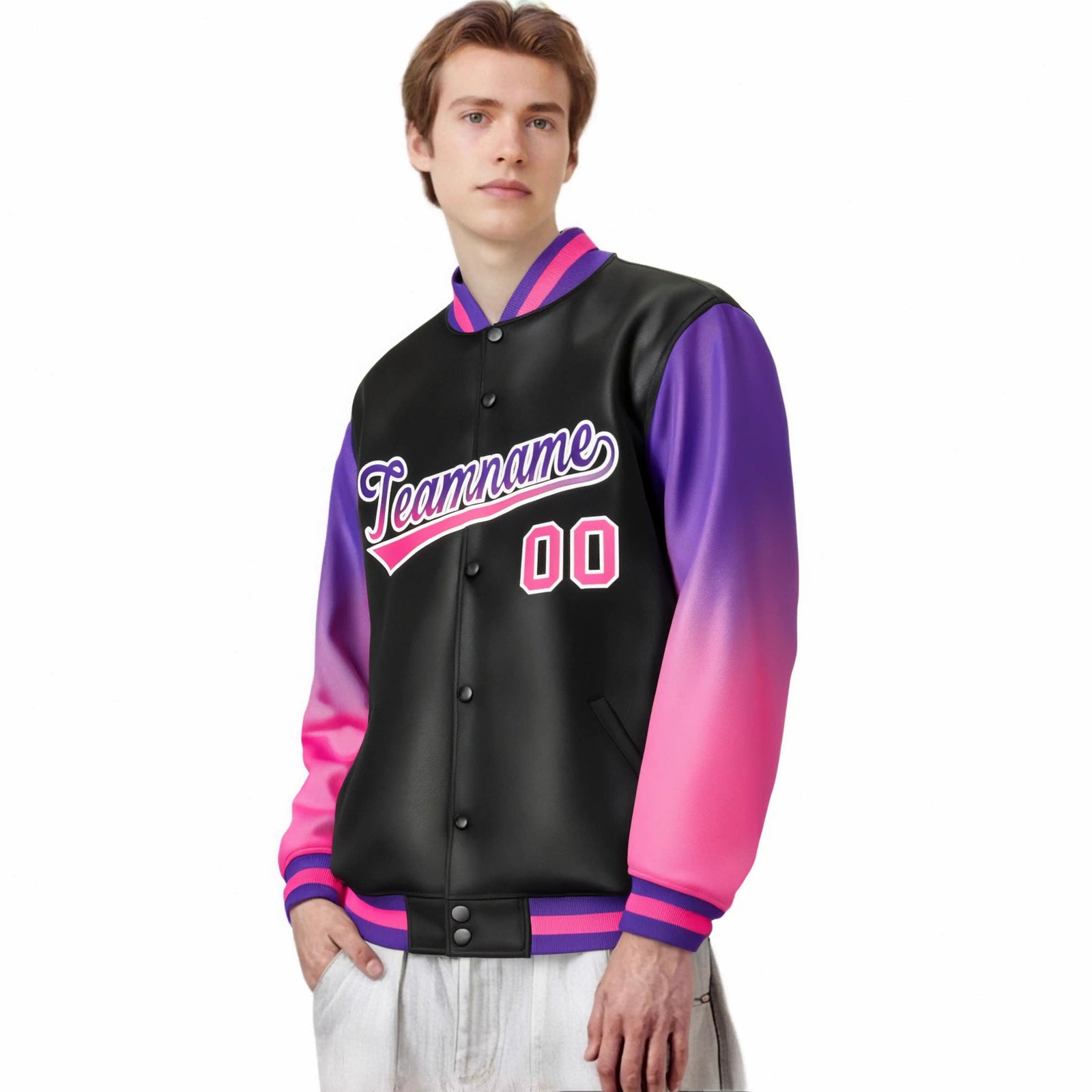 Custom Black Purple-Pink Varsity Full-Snap Sleeve Gradient Fashion Letterman Baseball Jacket