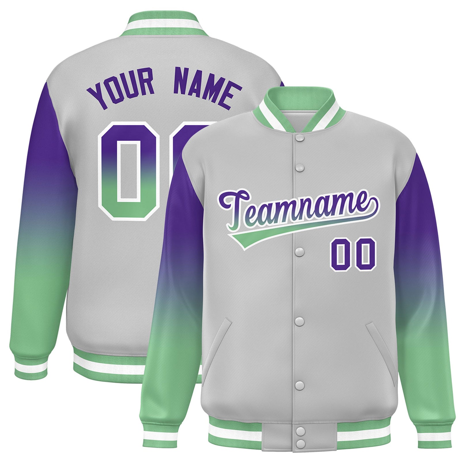 Custom Gray Purple-Bright Green Varsity Full-Snap Sleeve Gradient Fashion Letterman Baseball Jacket