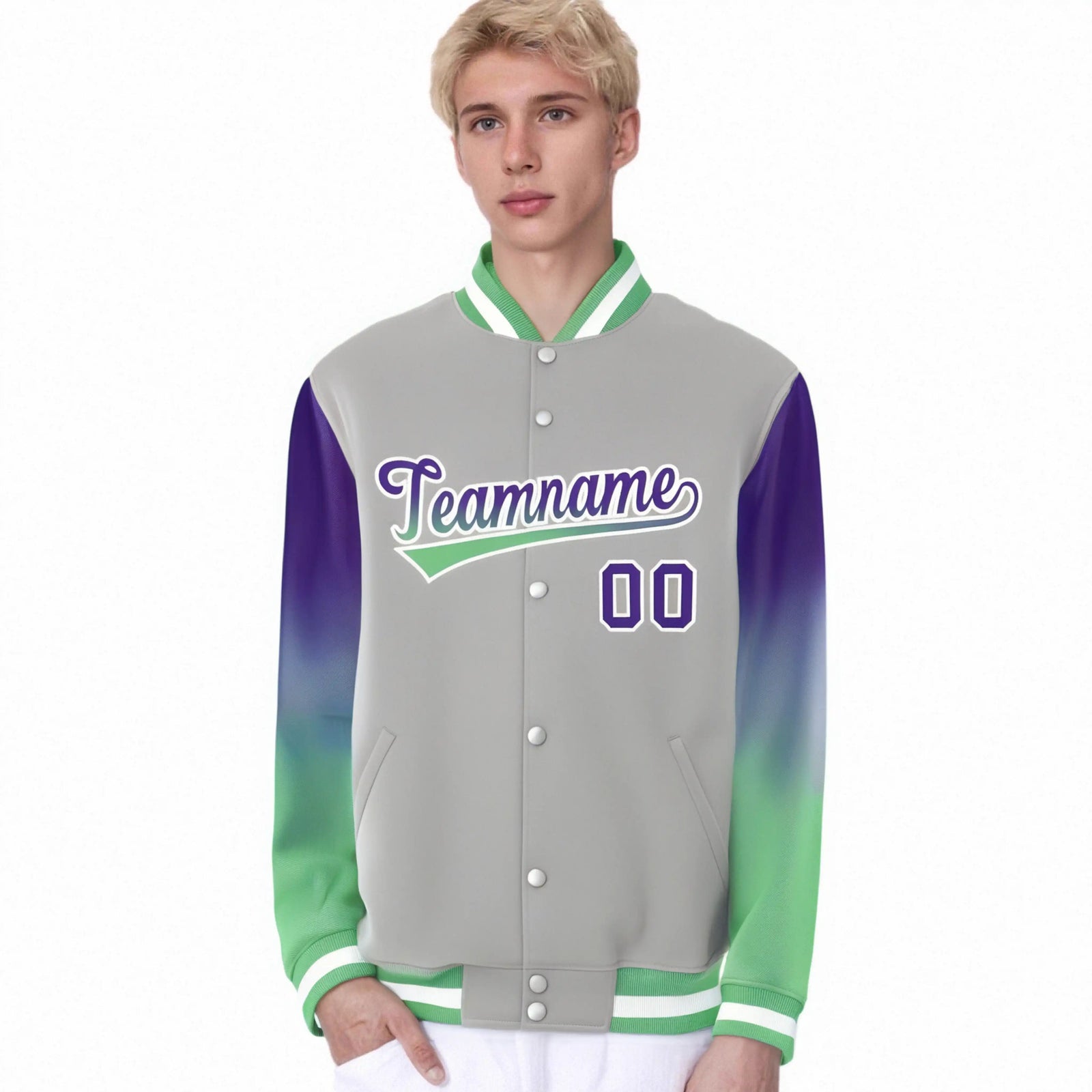 Custom Gray Purple-Bright Green Varsity Full-Snap Sleeve Gradient Fashion Letterman Baseball Jacket