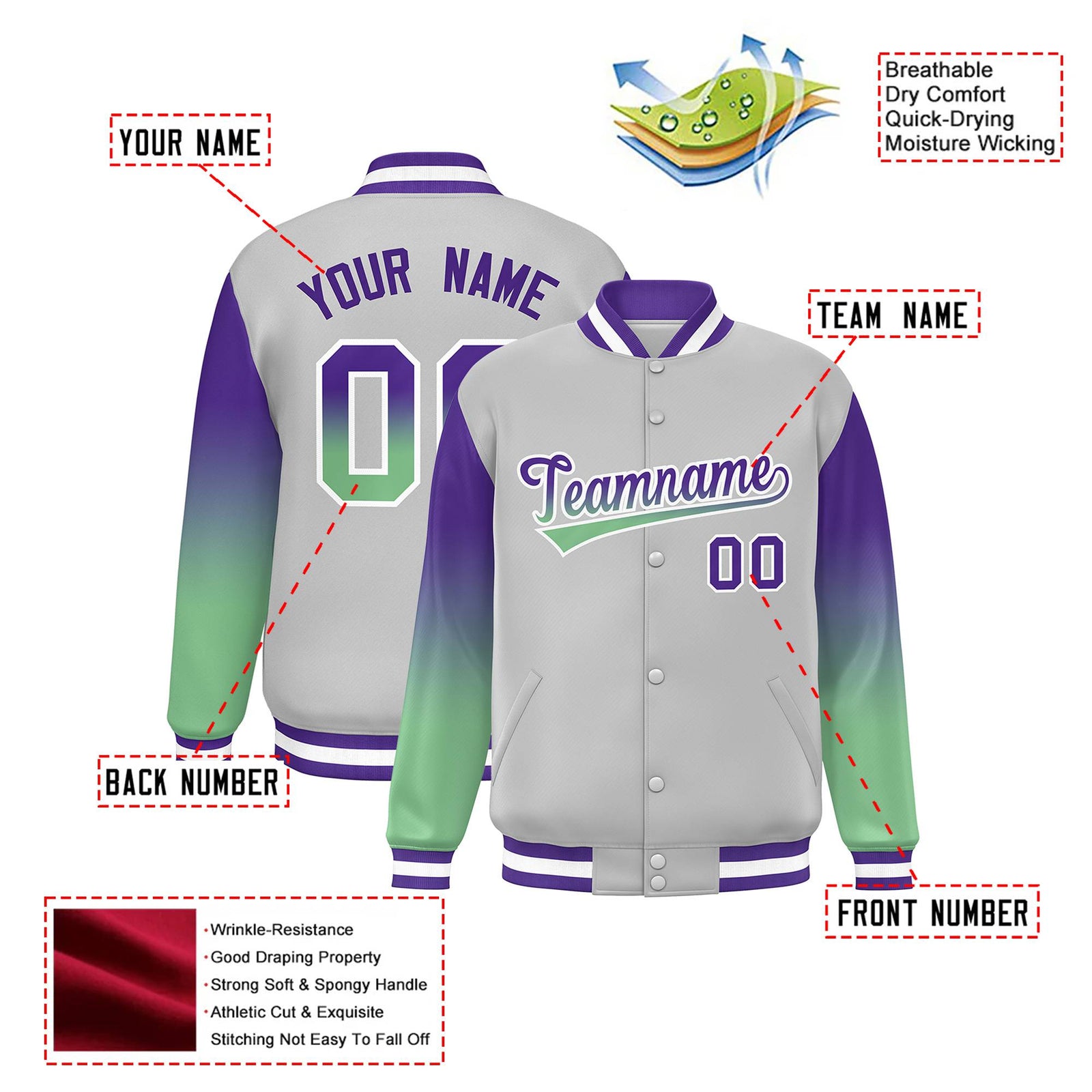 Custom Gray Purple-Bright Green Varsity Full-Snap Sleeve Gradient Fashion Letterman Baseball Jacket