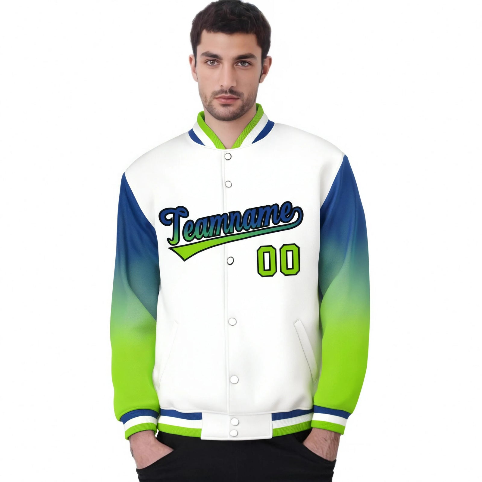 Custom White Royal Blue-Neon Green Varsity Full-Snap Sleeve Gradient Fashion Letterman Baseball Jacket