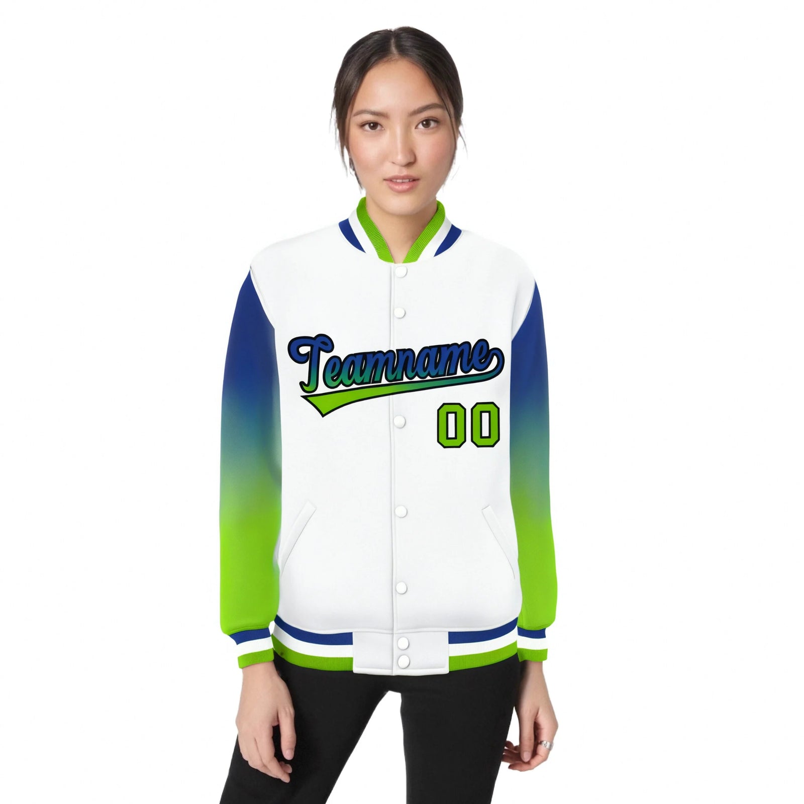 Custom White Royal Blue-Neon Green Varsity Full-Snap Sleeve Gradient Fashion Letterman Baseball Jacket