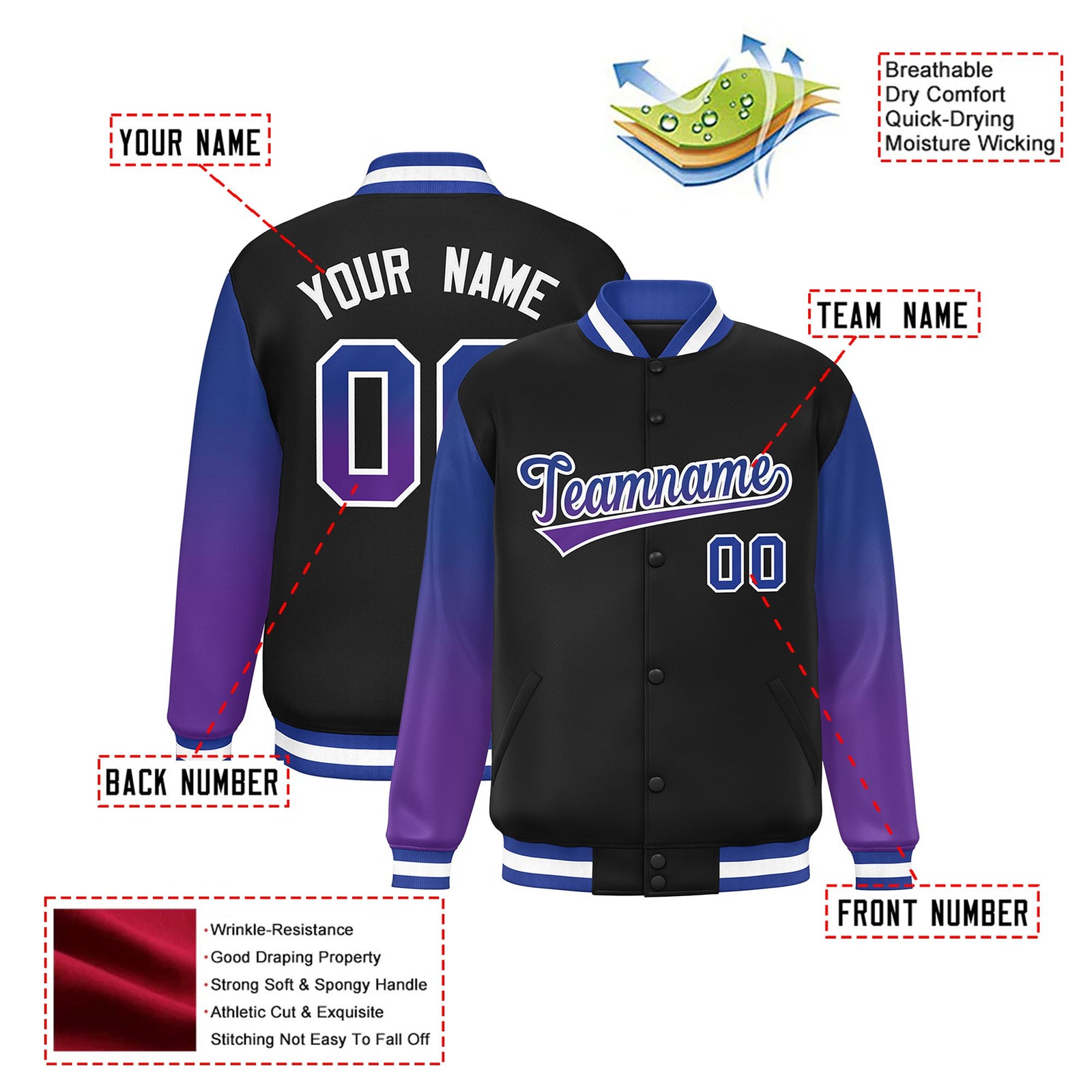 Custom Black Royal Blue-Purple Varsity Full-Snap Sleeve Gradient Fashion Letterman Baseball Jacket