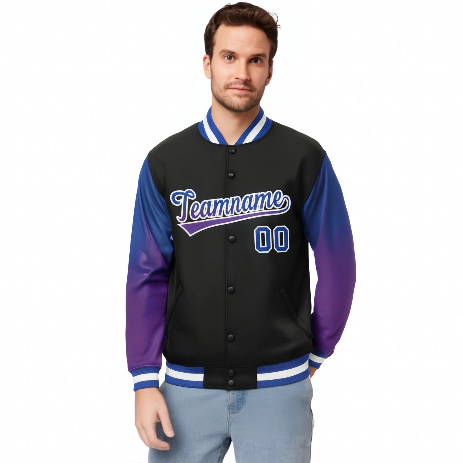 Custom Black Royal Blue-Purple Varsity Full-Snap Sleeve Gradient Fashion Letterman Baseball Jacket