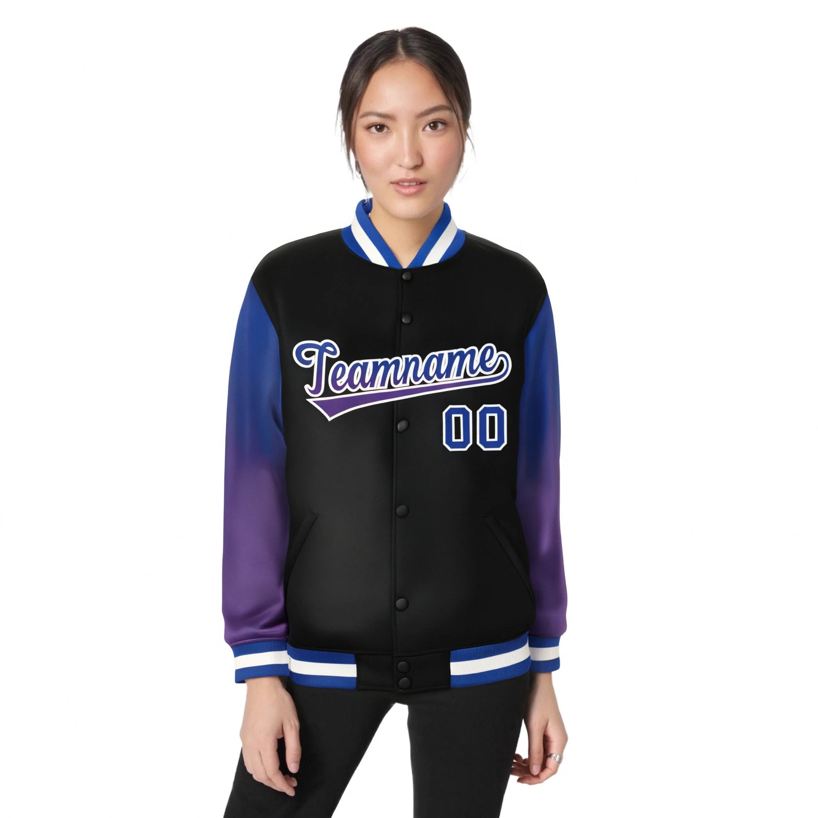 Custom Black Royal Blue-Purple Varsity Full-Snap Sleeve Gradient Fashion Letterman Baseball Jacket